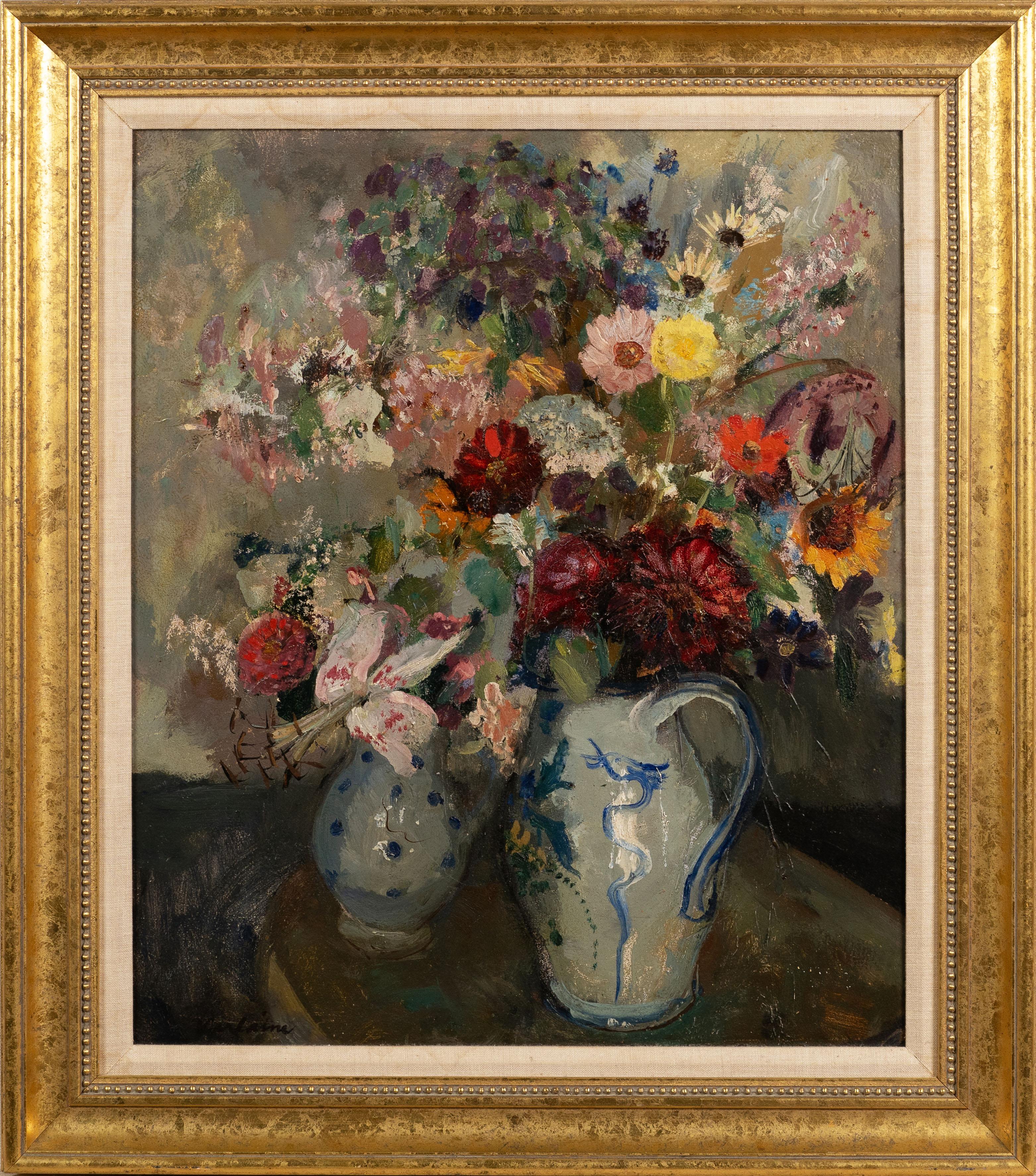 Antique American impressionist still life oil painting.  Oil on canvas.  Framed.  Signed illegibly.  Image size, 20L x 24H.
