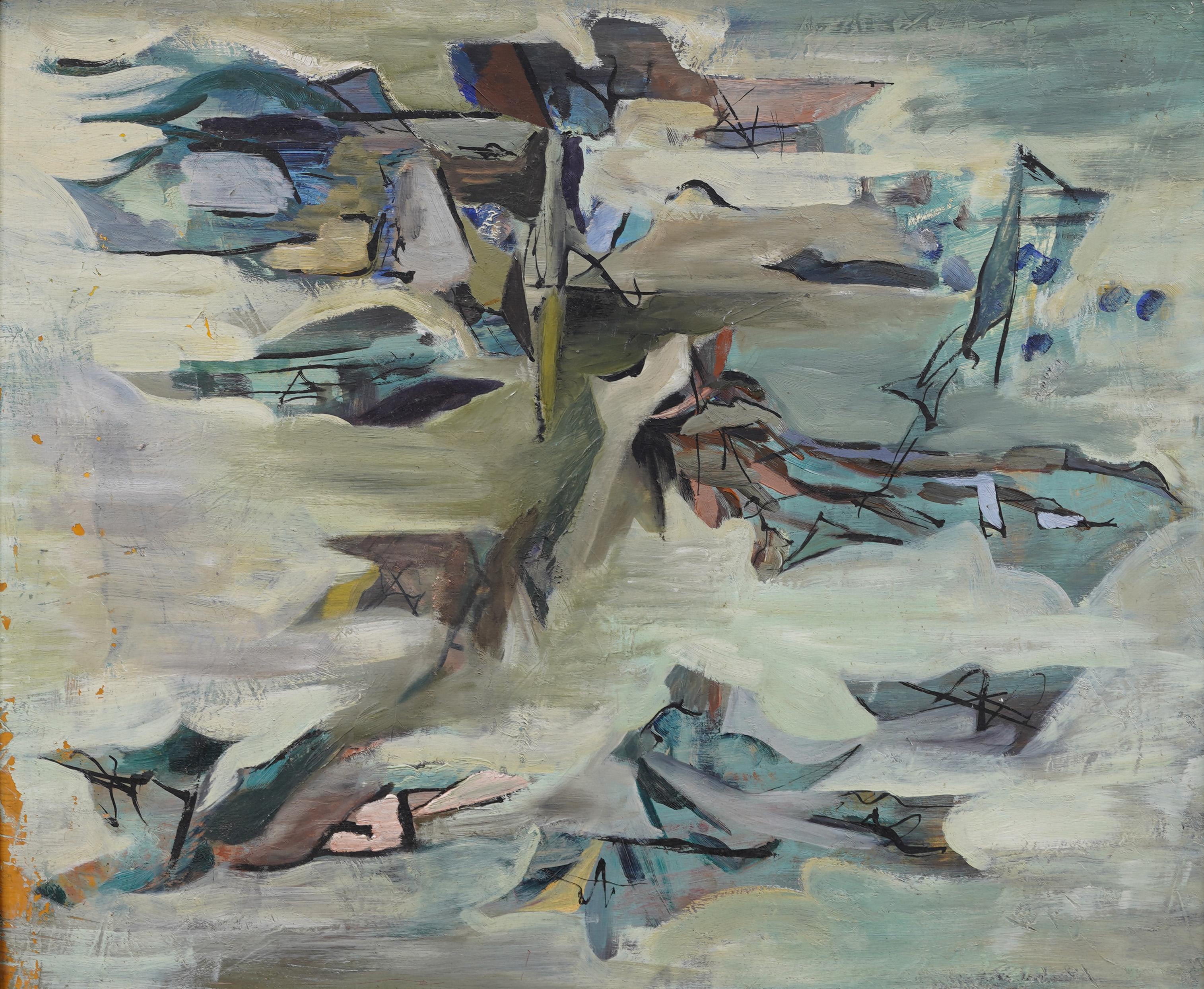 Grande pittura ad olio di scuola americana finemente dipinta che raffigura un paesaggio costiero astratto - Painting Astratto di Unknown