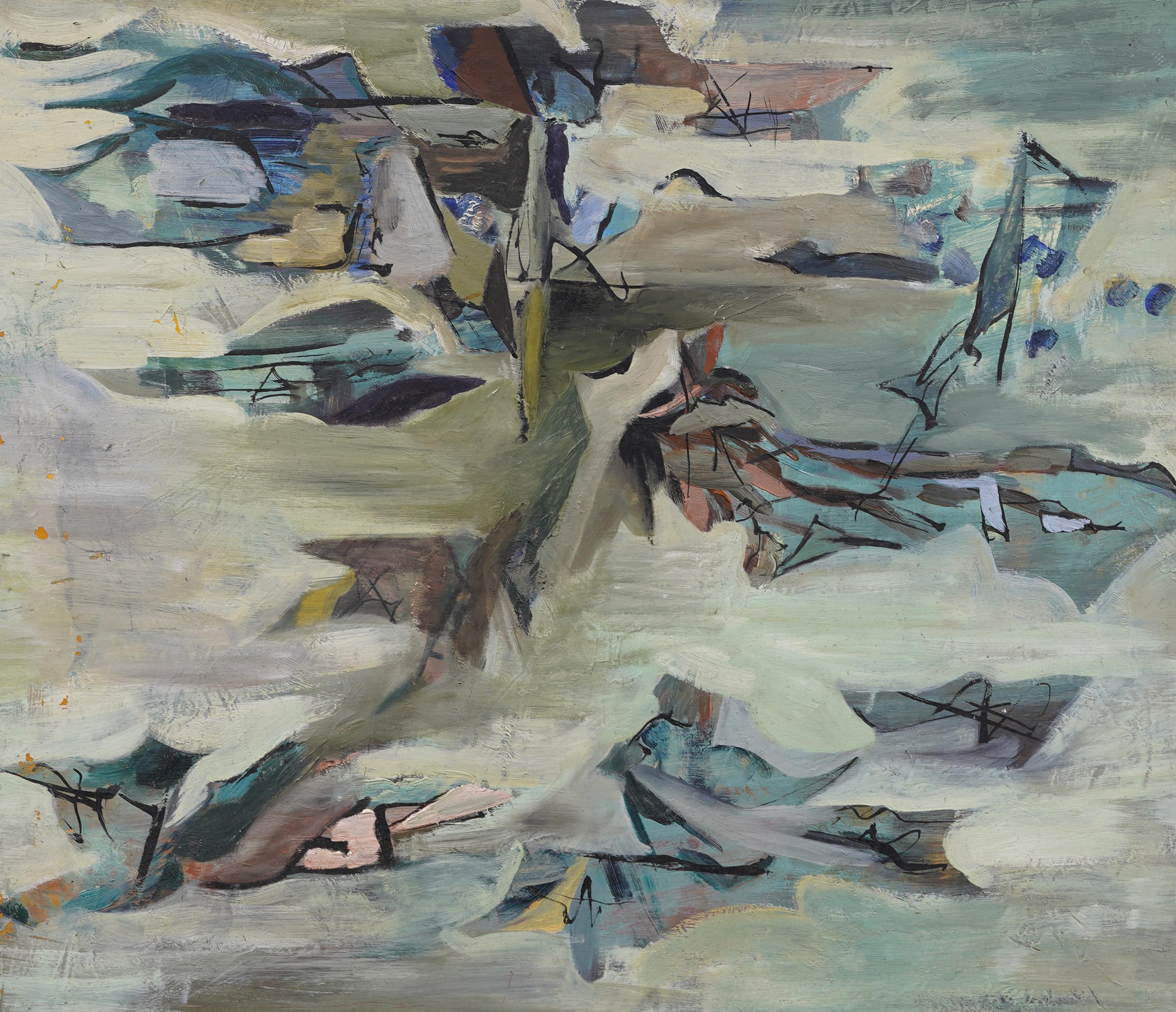 Grande pittura ad olio di scuola americana finemente dipinta che raffigura un paesaggio costiero astratto - Abstract Painting Grigio di Unknown