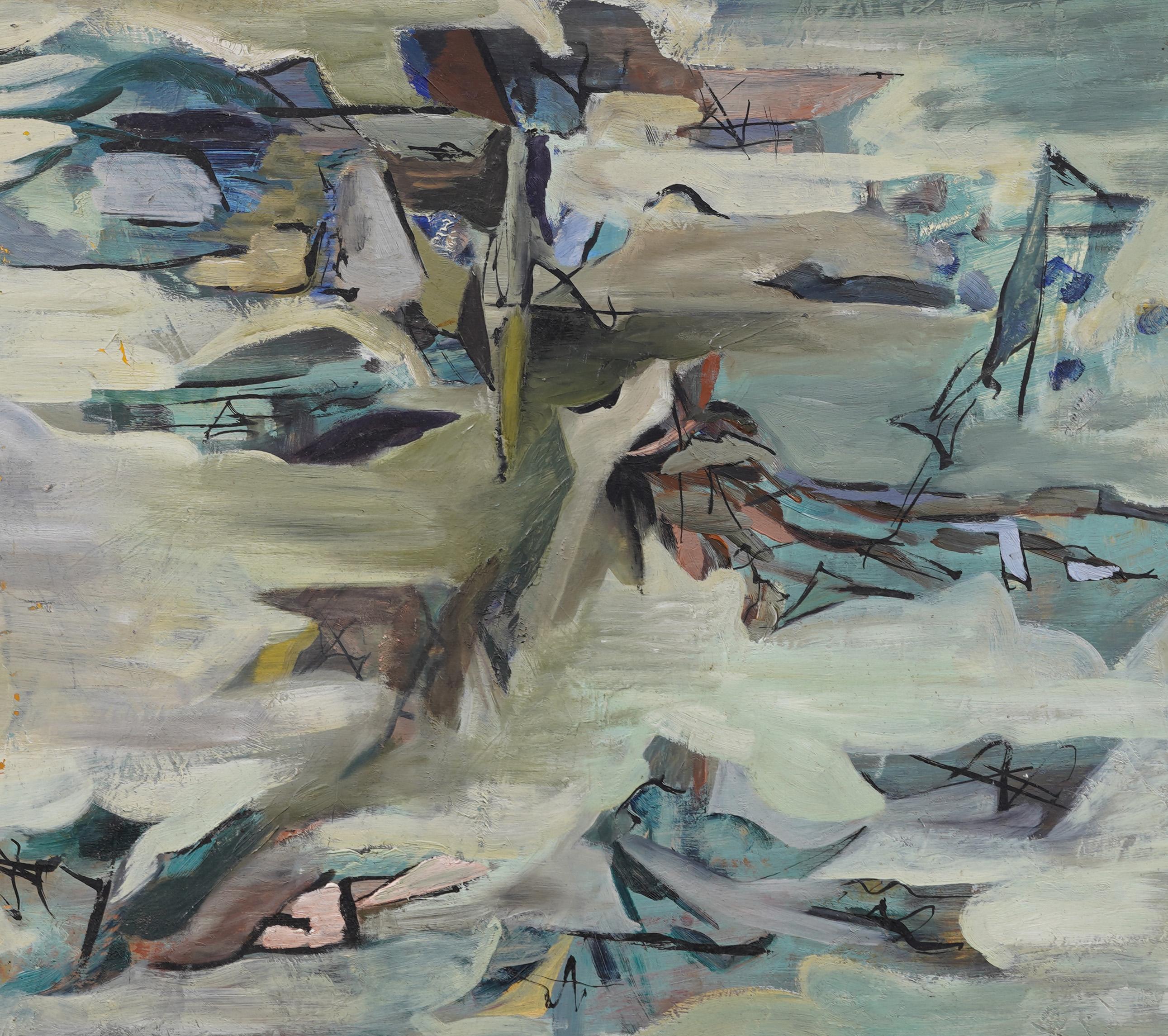 Grande pittura ad olio di scuola americana finemente dipinta che raffigura un paesaggio costiero astratto in vendita 1