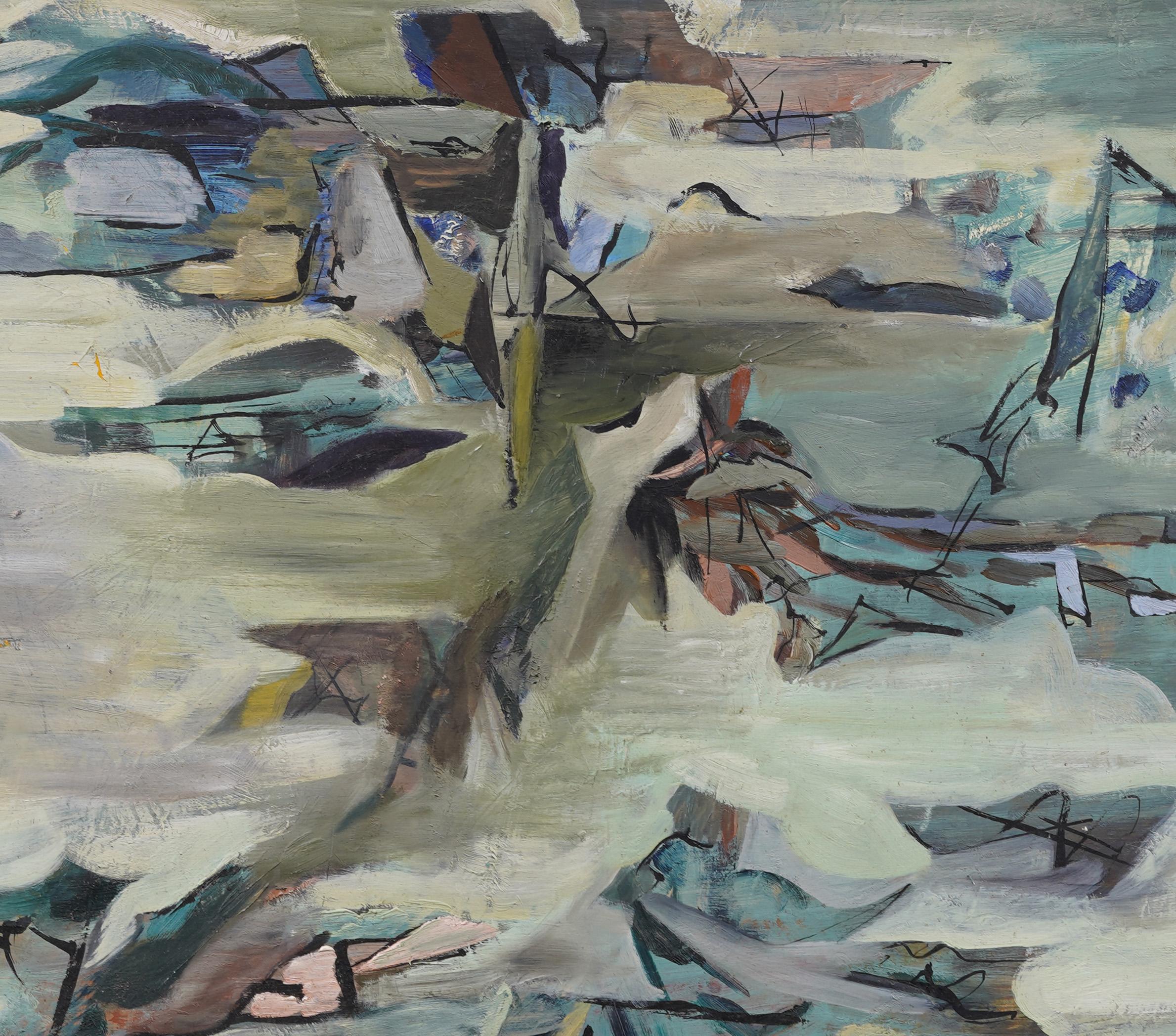 Grande pittura ad olio di scuola americana finemente dipinta che raffigura un paesaggio costiero astratto in vendita 2