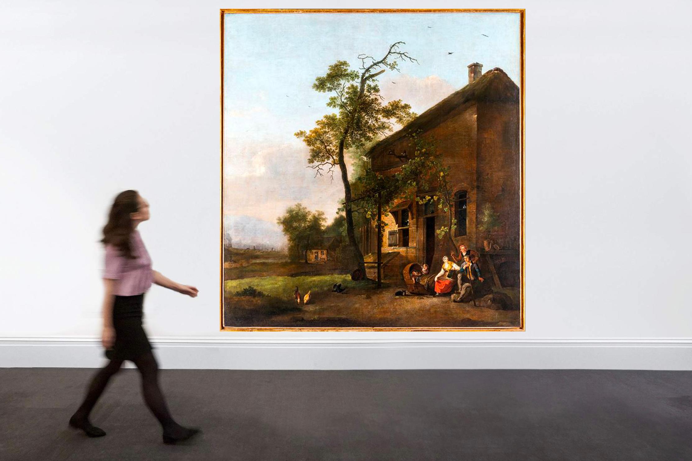 an important and large painting 220x208 cm of a dutch village with building characters and animals. The painting present a group of 
farmers in a convivial scene outside their country house, the animals  displayed are of different species and are
