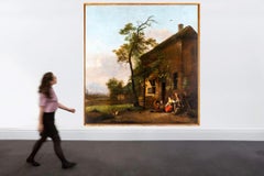 Antique Large Flemish Painting Dutch School 18Th View Of Village Characters And Animals 