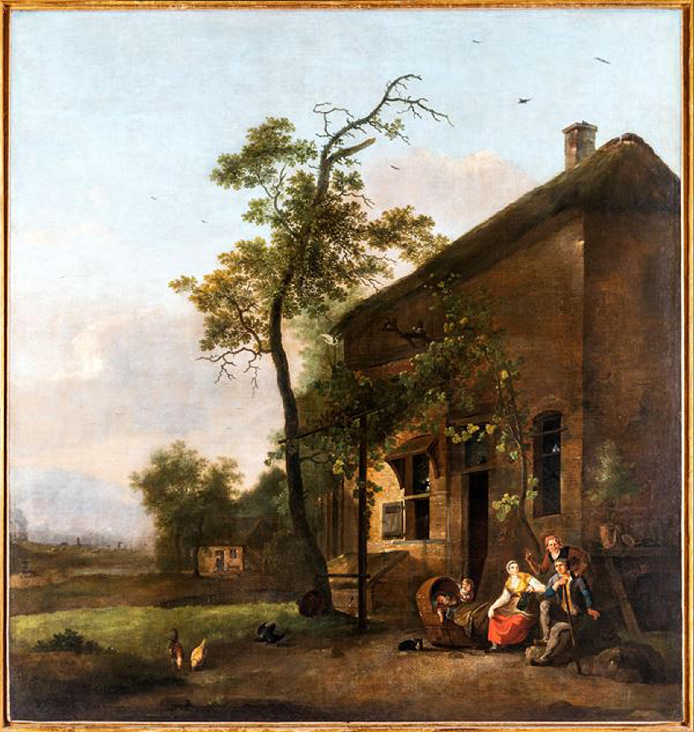 Unknown Landscape Painting – Große flämische Malerei holländische Schule 18. Ansicht der Dorfcharaktere und Tiere 