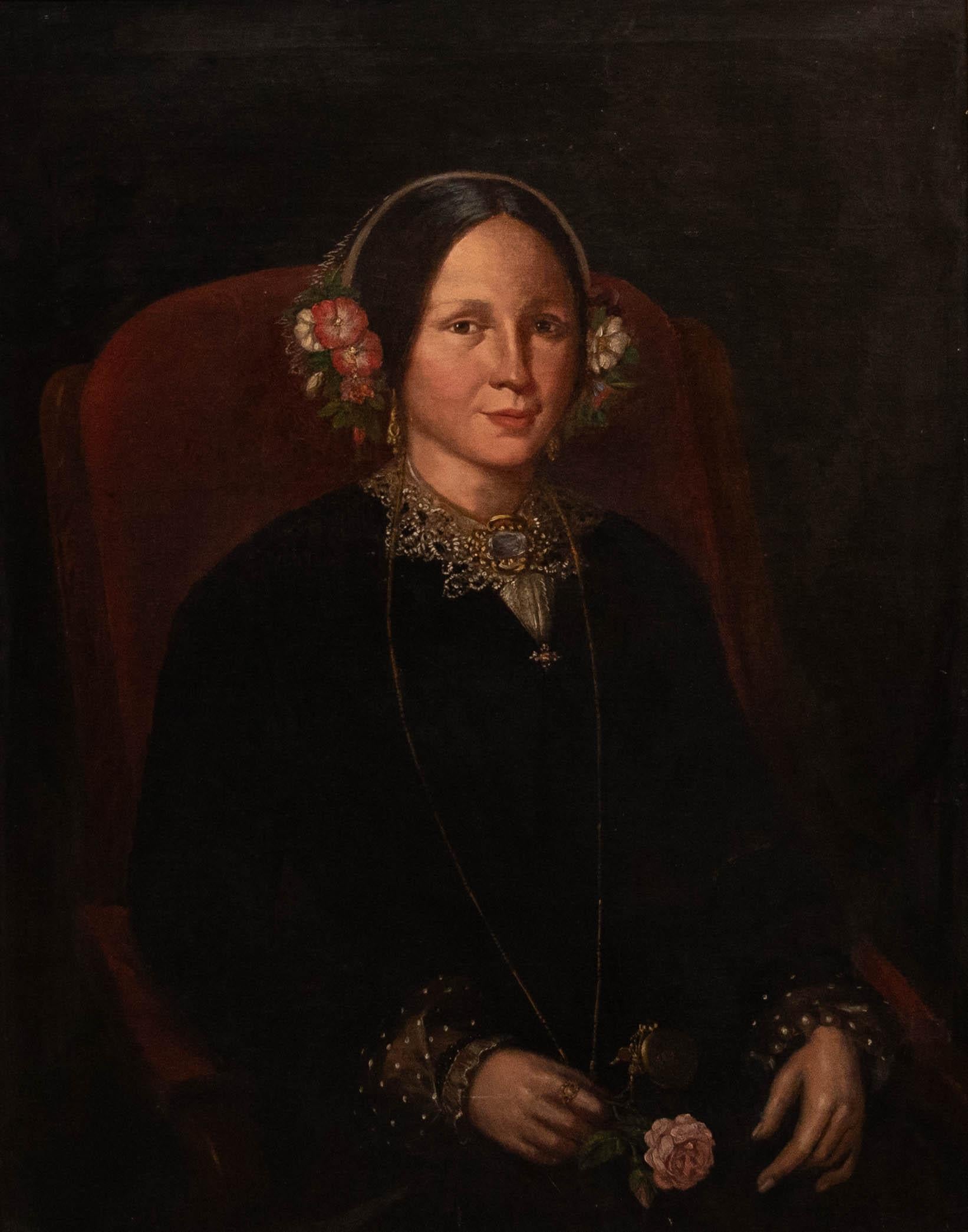 Large Framed 19th Century Oil - Portrait of a Lady, Victorian Splendour - Painting by Unknown