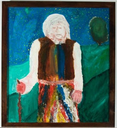 Large Framed Contemporary Oil - Naive Portrait of a Man