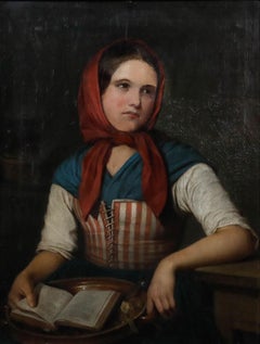 Large Framed Early 20th Century Oil - Lady in the Red Headscarf