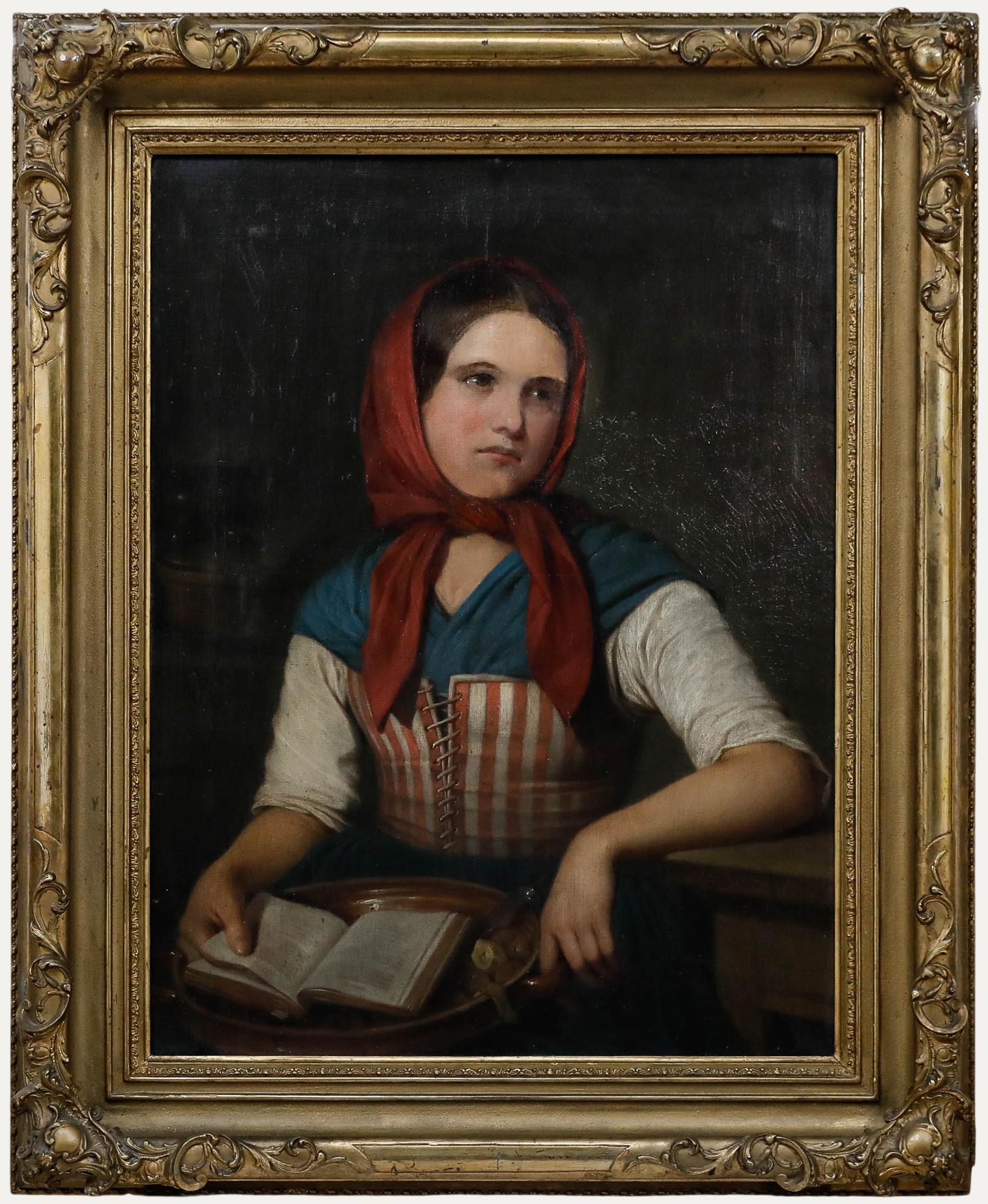 Large Framed Early 20th Century Oil - Lady in the Red Headscarf