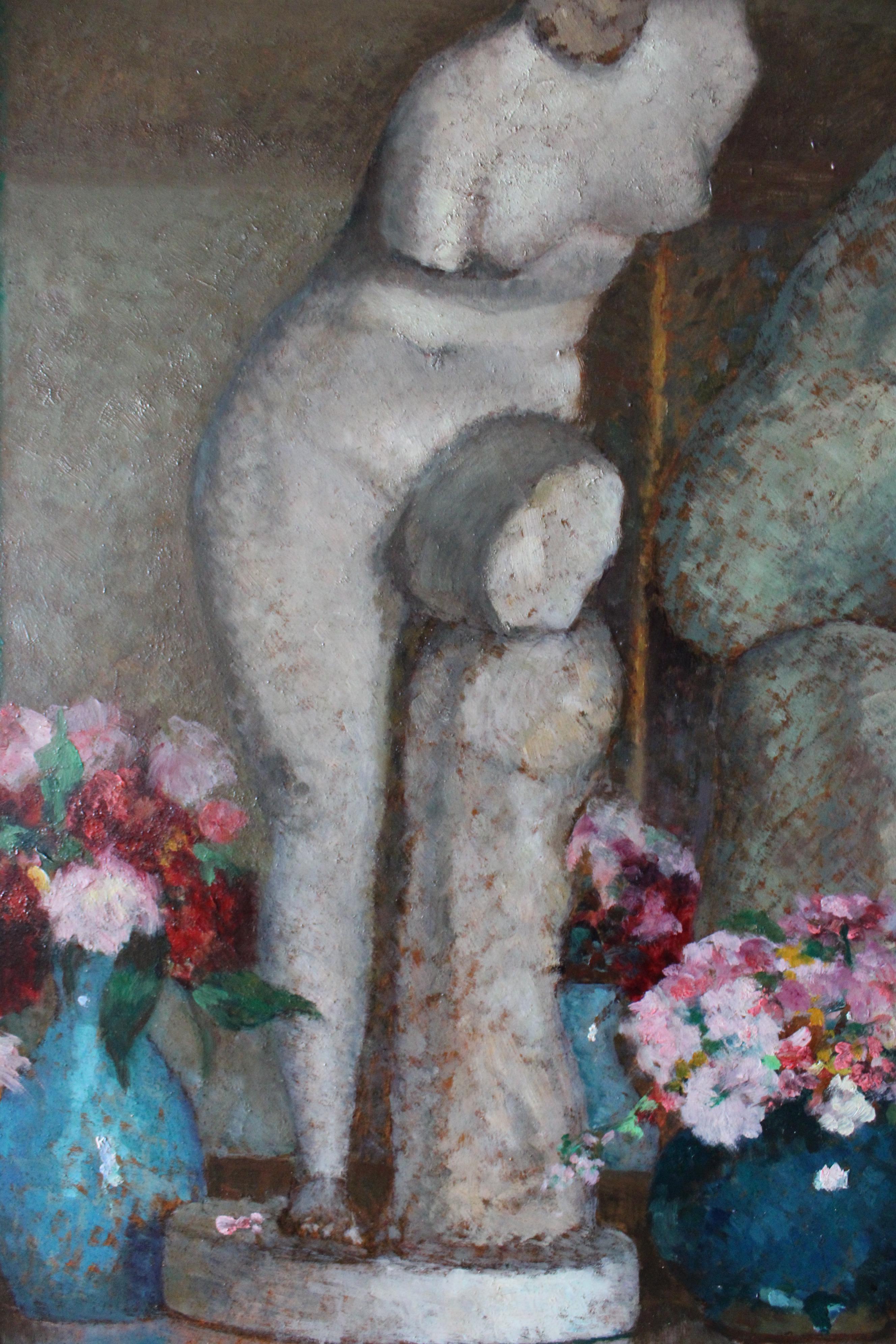 Grande peinture à l'huile française vintage encadrée représentant des vases à fleurs et une statue en vente 6