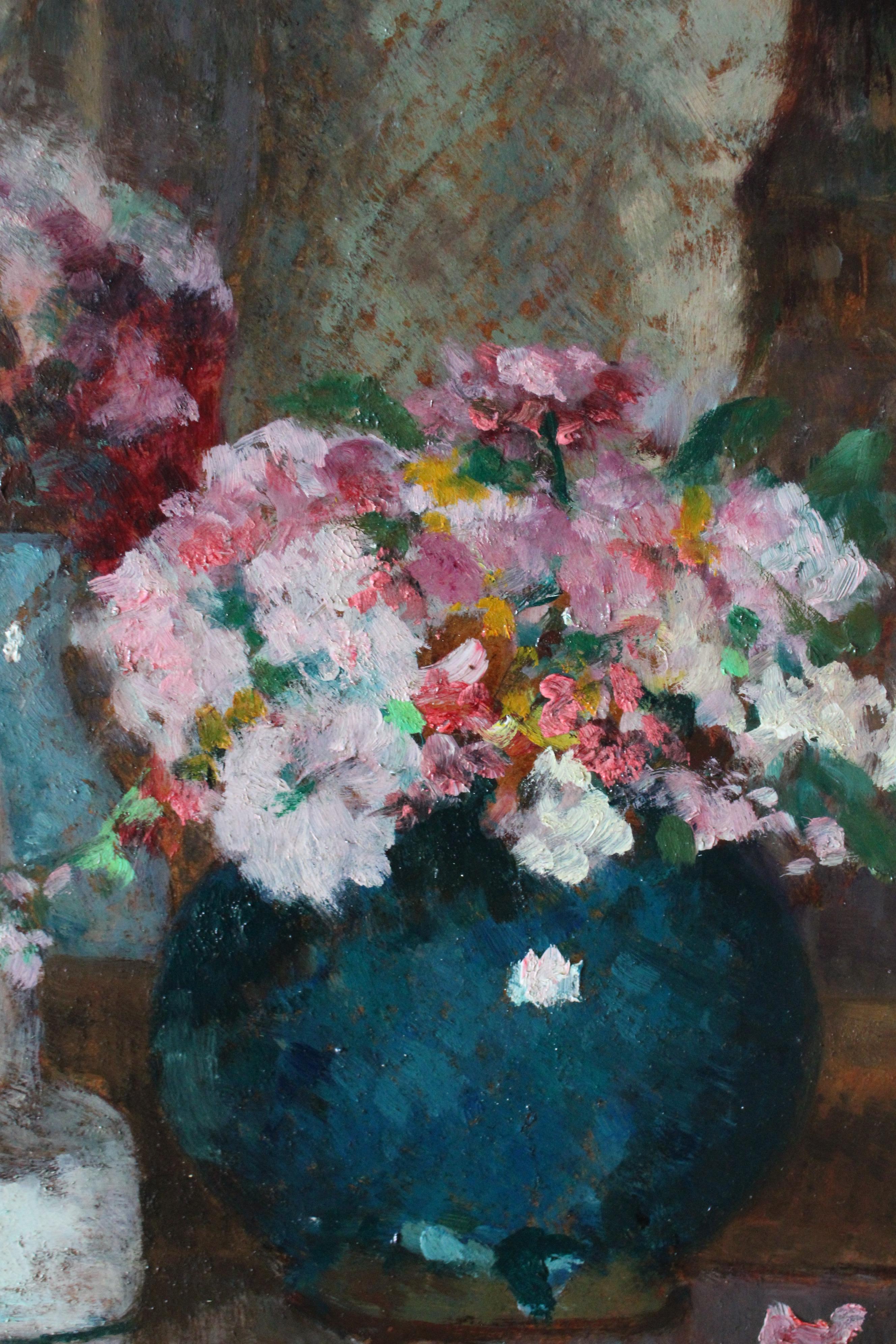 Grande peinture à l'huile française vintage encadrée représentant des vases à fleurs et une statue en vente 7