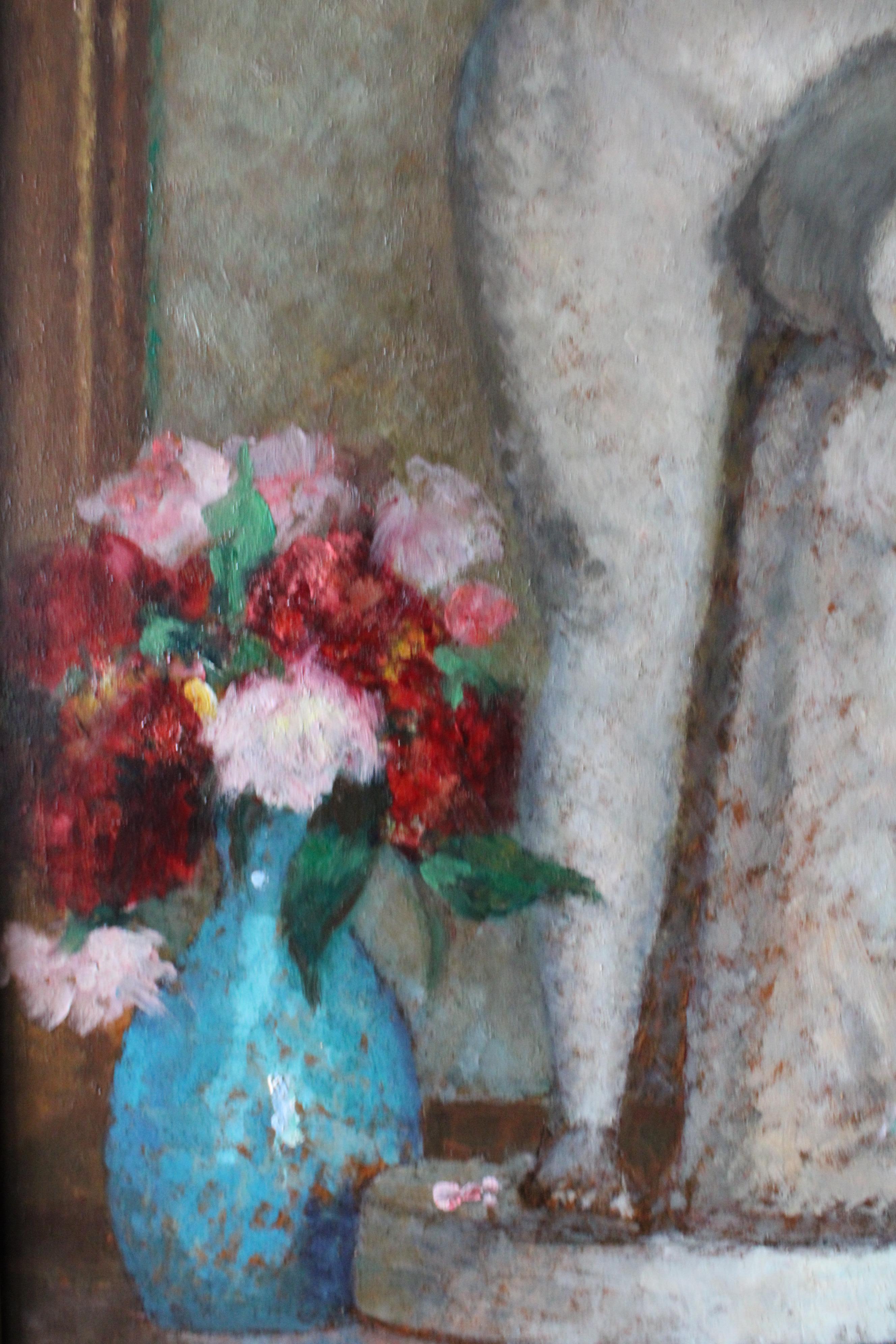 Grande peinture à l'huile française vintage encadrée représentant des vases à fleurs et une statue en vente 9