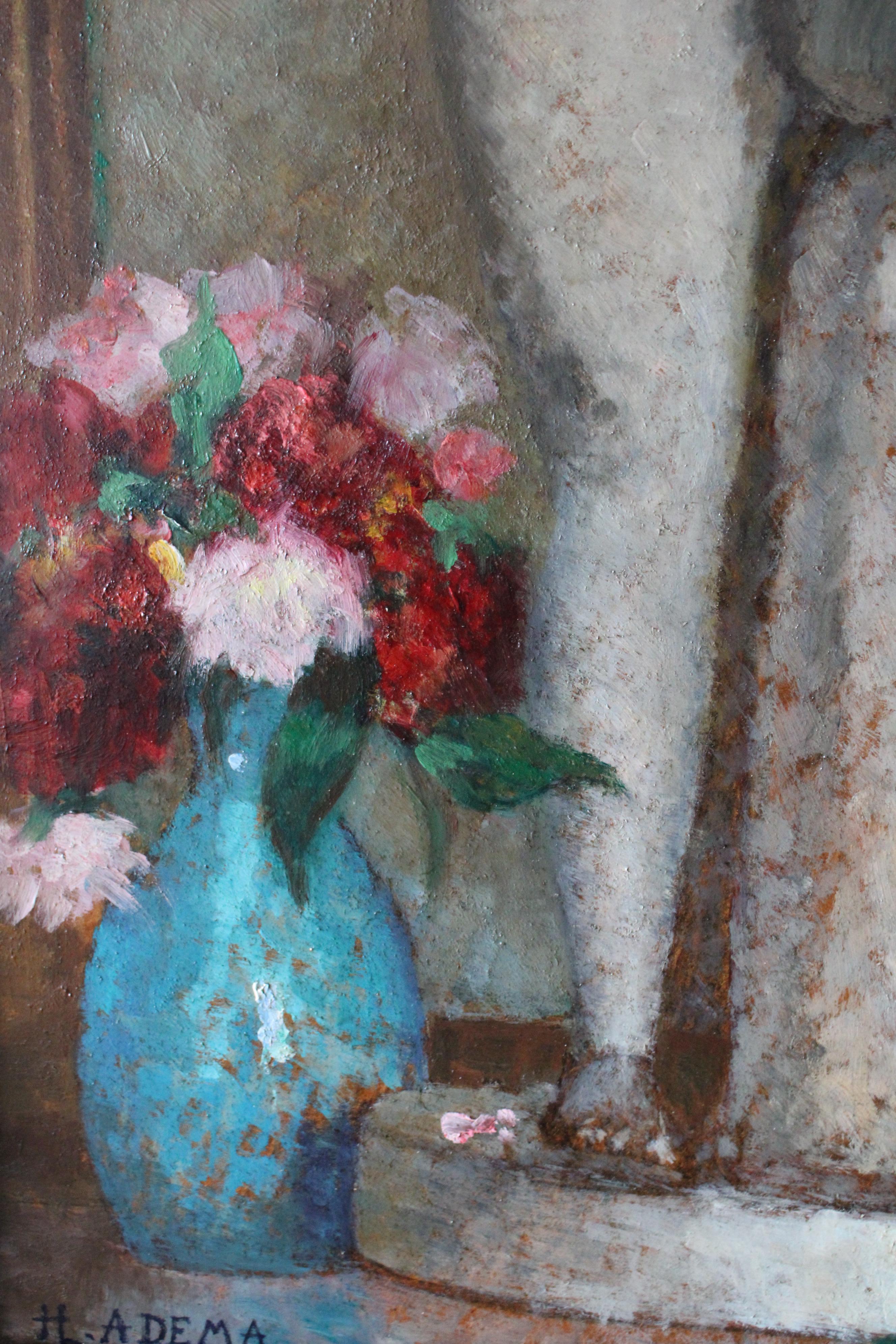 Grande peinture à l'huile française vintage encadrée représentant des vases à fleurs et une statue en vente 2