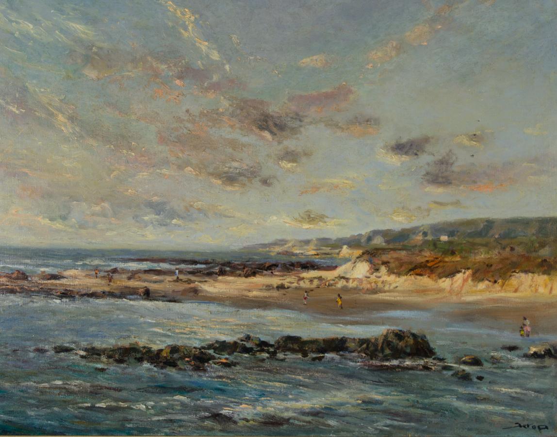 Grande olio incorniciato della metà del XX secolo - Scena di spiaggia estiva - Painting di Unknown