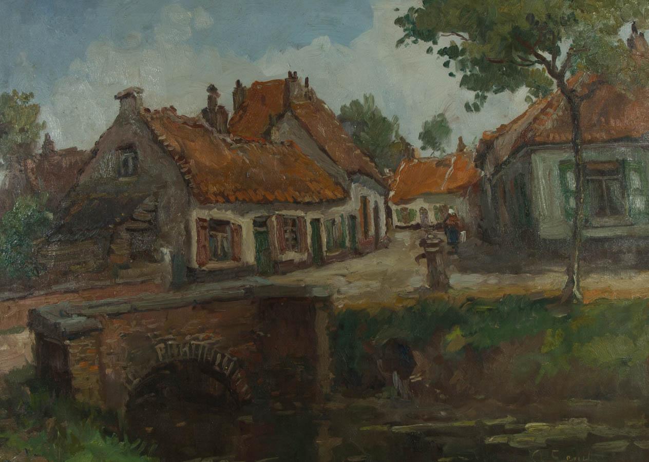 Large Framed Mid 20th Century Oil - Village Street Scene - Painting by Unknown