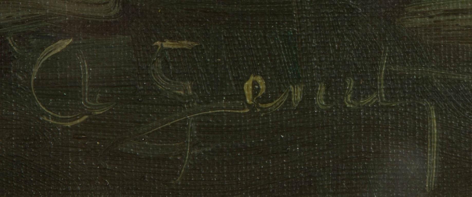 Grande olio incorniciato della metà del XX secolo - Scena di strada di un villaggio in vendita 1