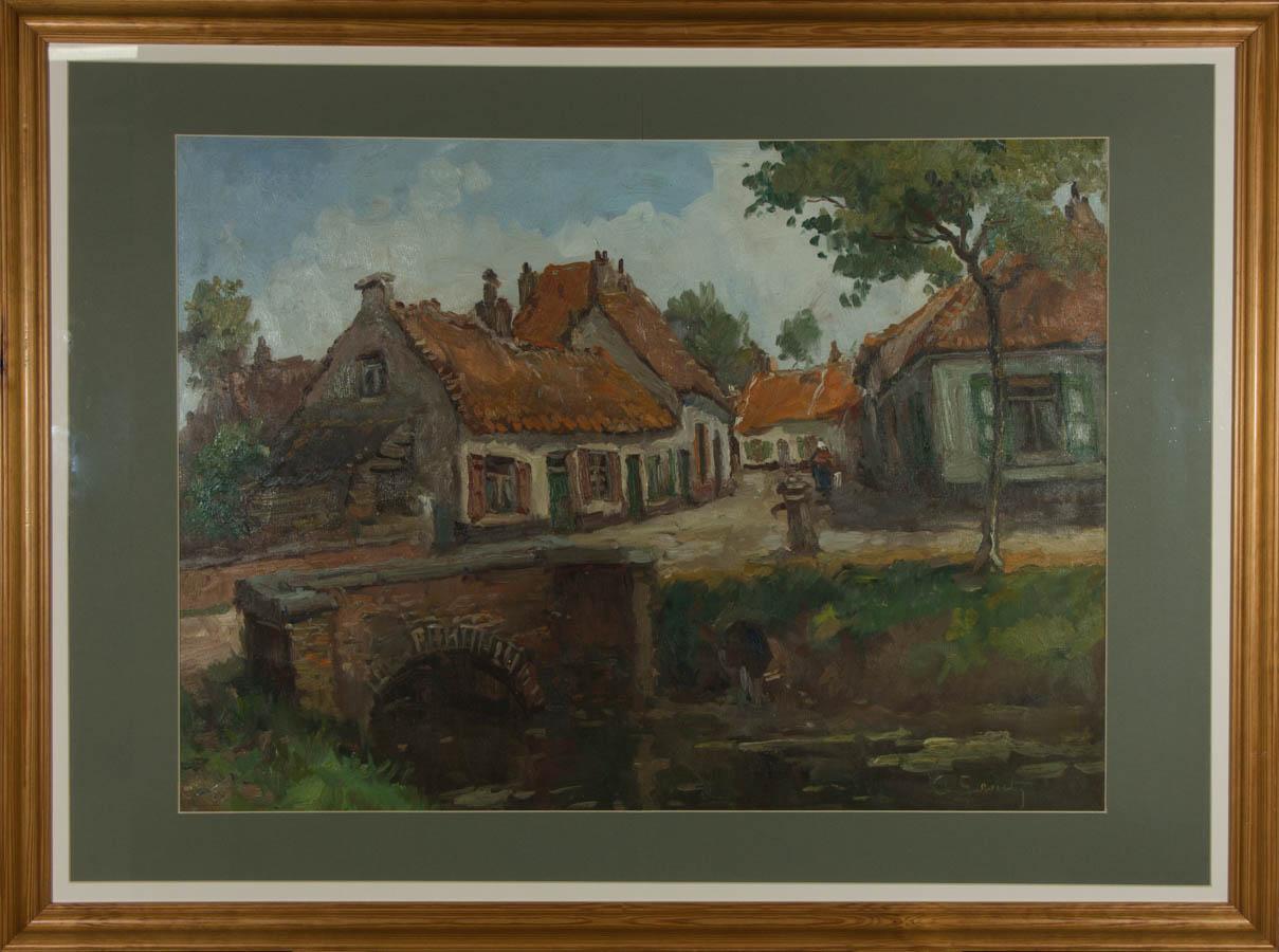 Landscape Painting di Unknown - Grande olio incorniciato della metà del XX secolo - Scena di strada di un villaggio
