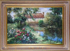 Large Framed Oil Painting of an Idyllic Scene of a Home and Garden on a Stream