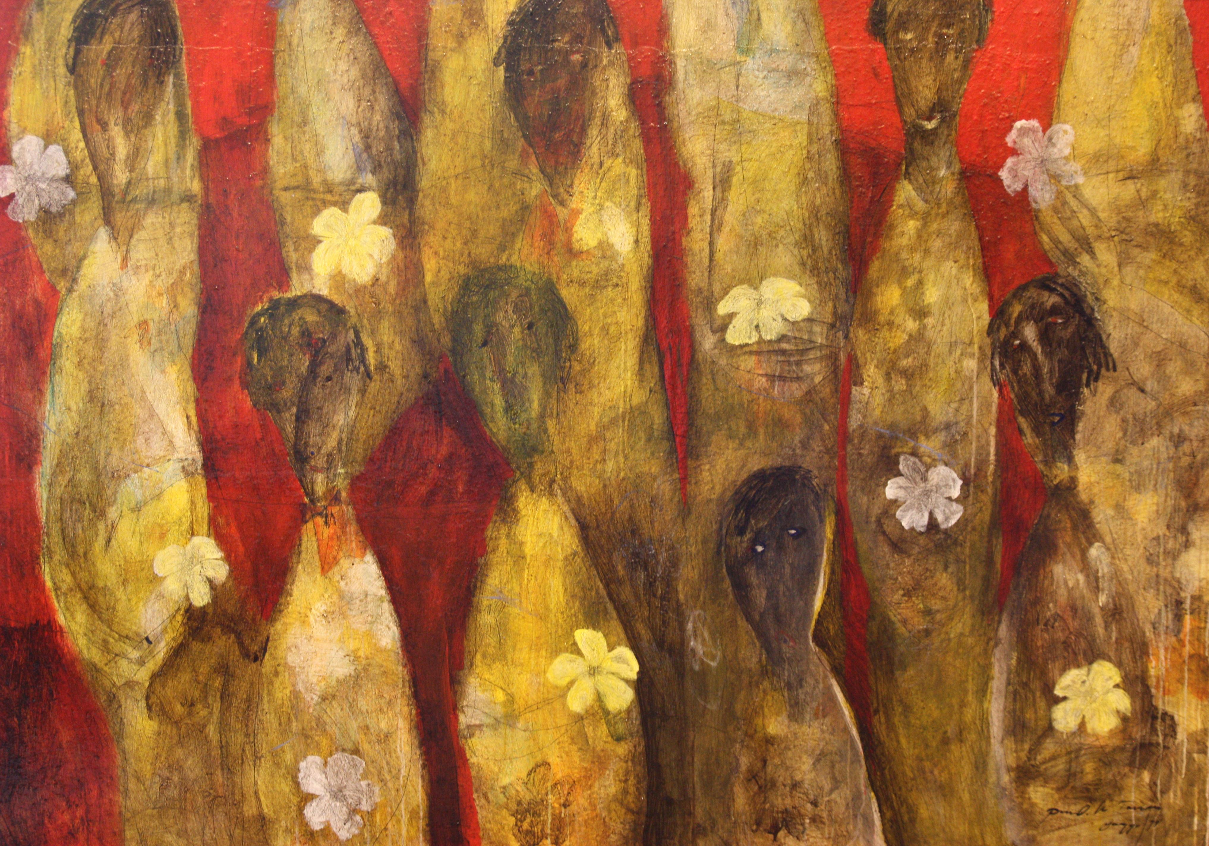 A large, framed, oil painting on canvas.   Black and white figures with yellow garments, holding flowers on a red background.  Brushing, scratching and several other techniques used.  Signed, dated and titled in the bottom right corner.  