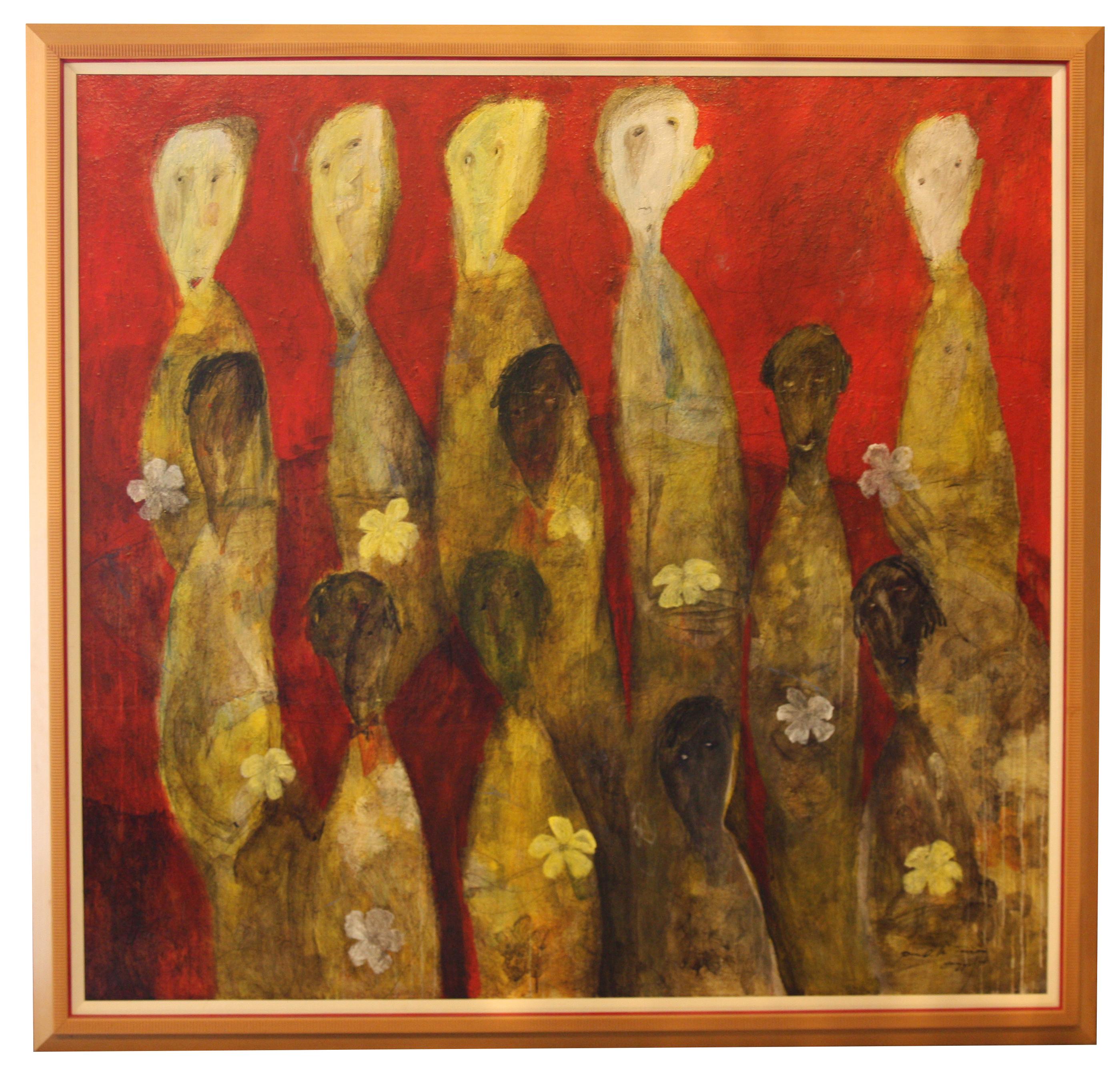 Unknown Figurative Painting - Large Framed Oil Painting of Figures with Flowers on Red Background
