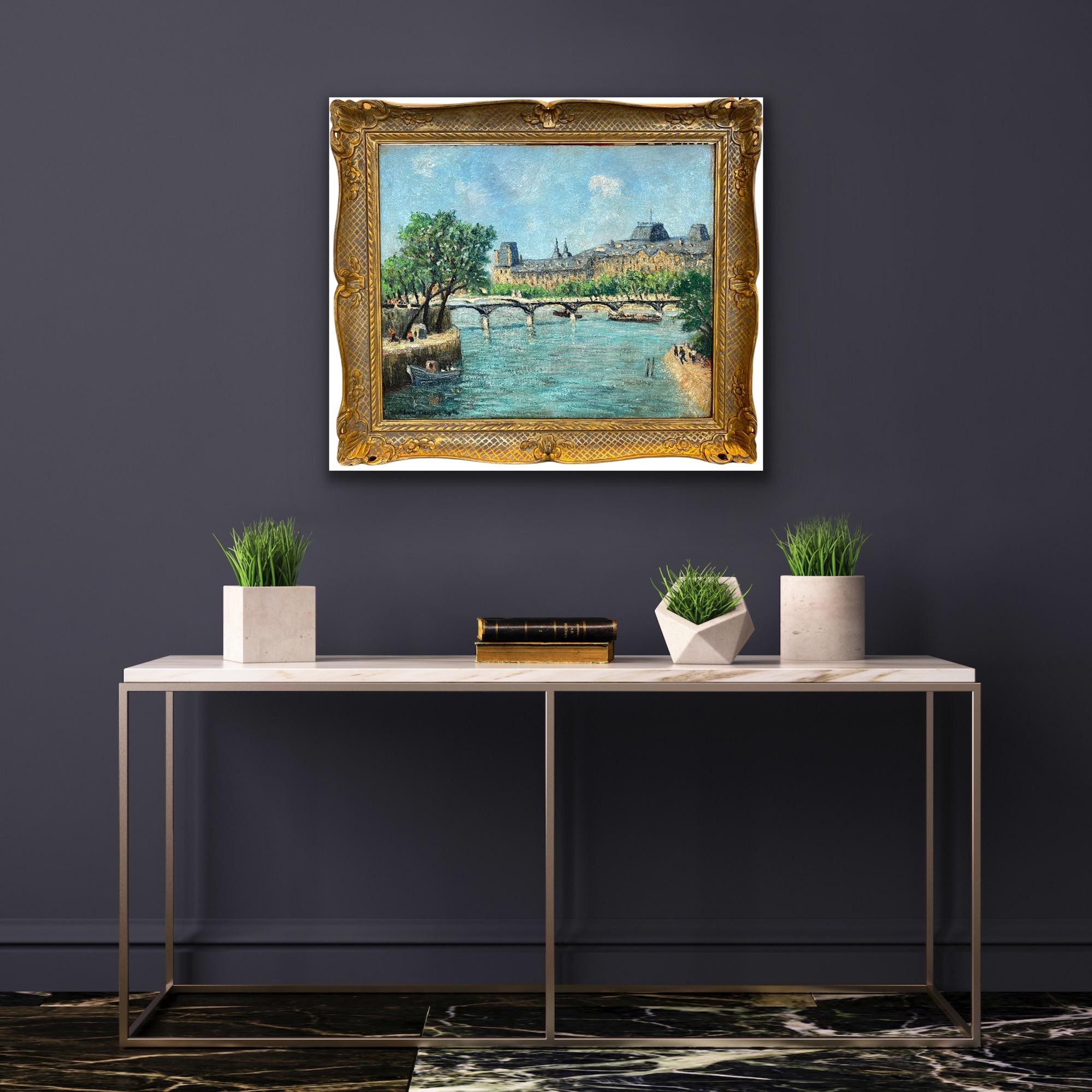 Large French 19th century style Impressionist painting - Seine in Paris - Monet - Painting by Unknown