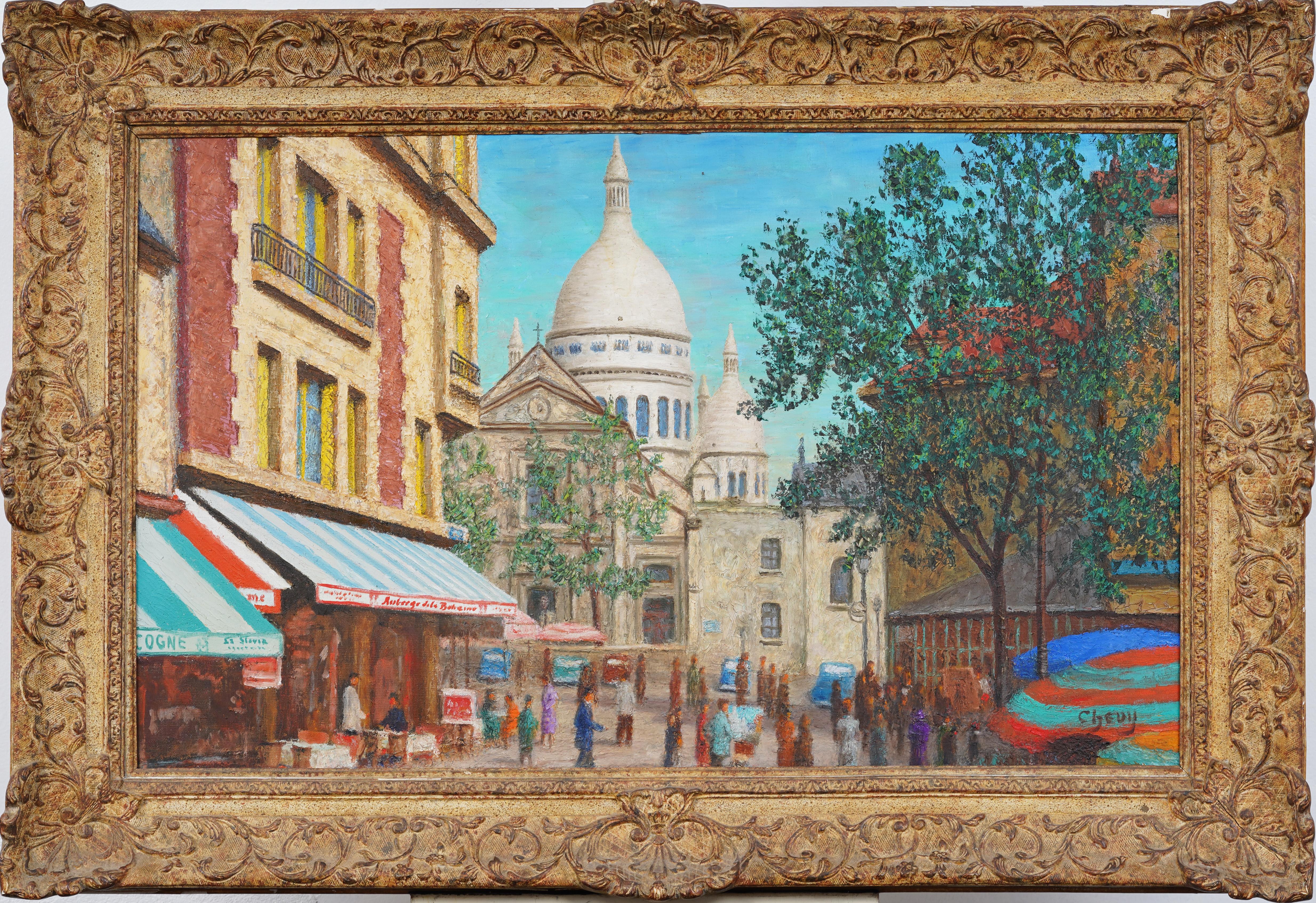 Grande quadro a olio impressionista francese ben incorniciato con scena di strada a Parigi, firmato - Painting di Unknown