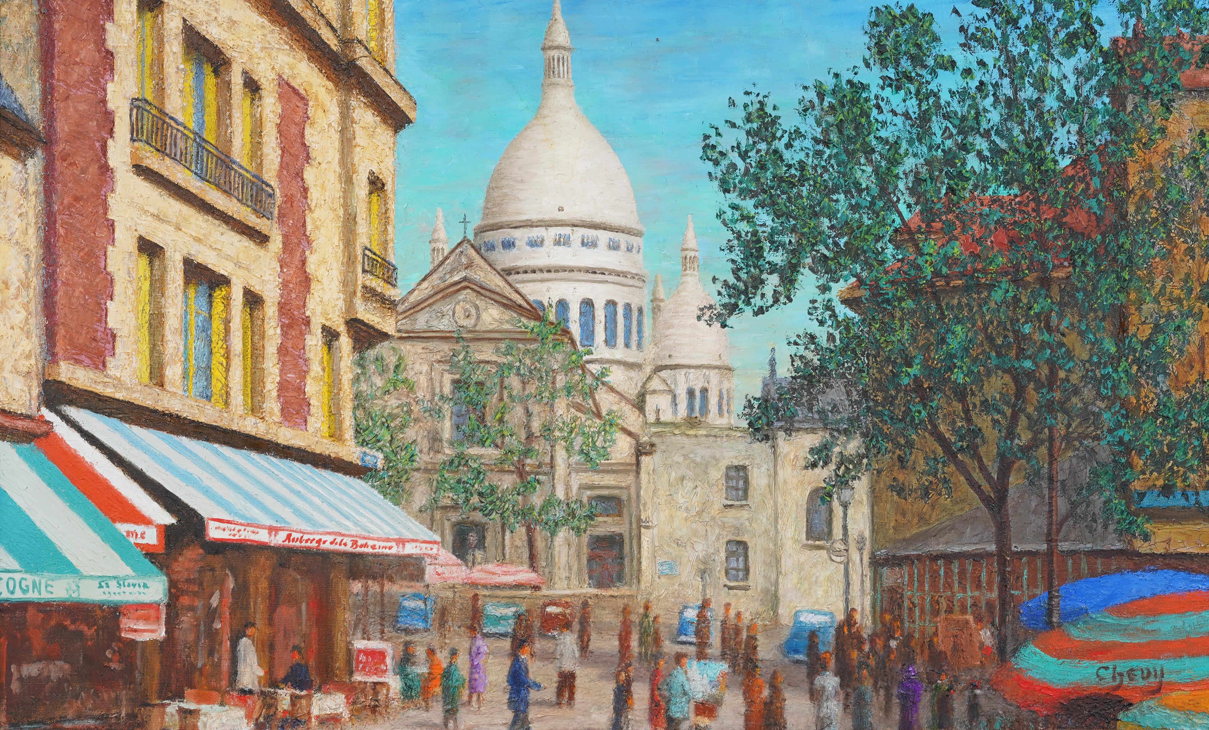 Grande quadro a olio impressionista francese ben incorniciato con scena di strada a Parigi, firmato - Painting Impressionismo di Unknown