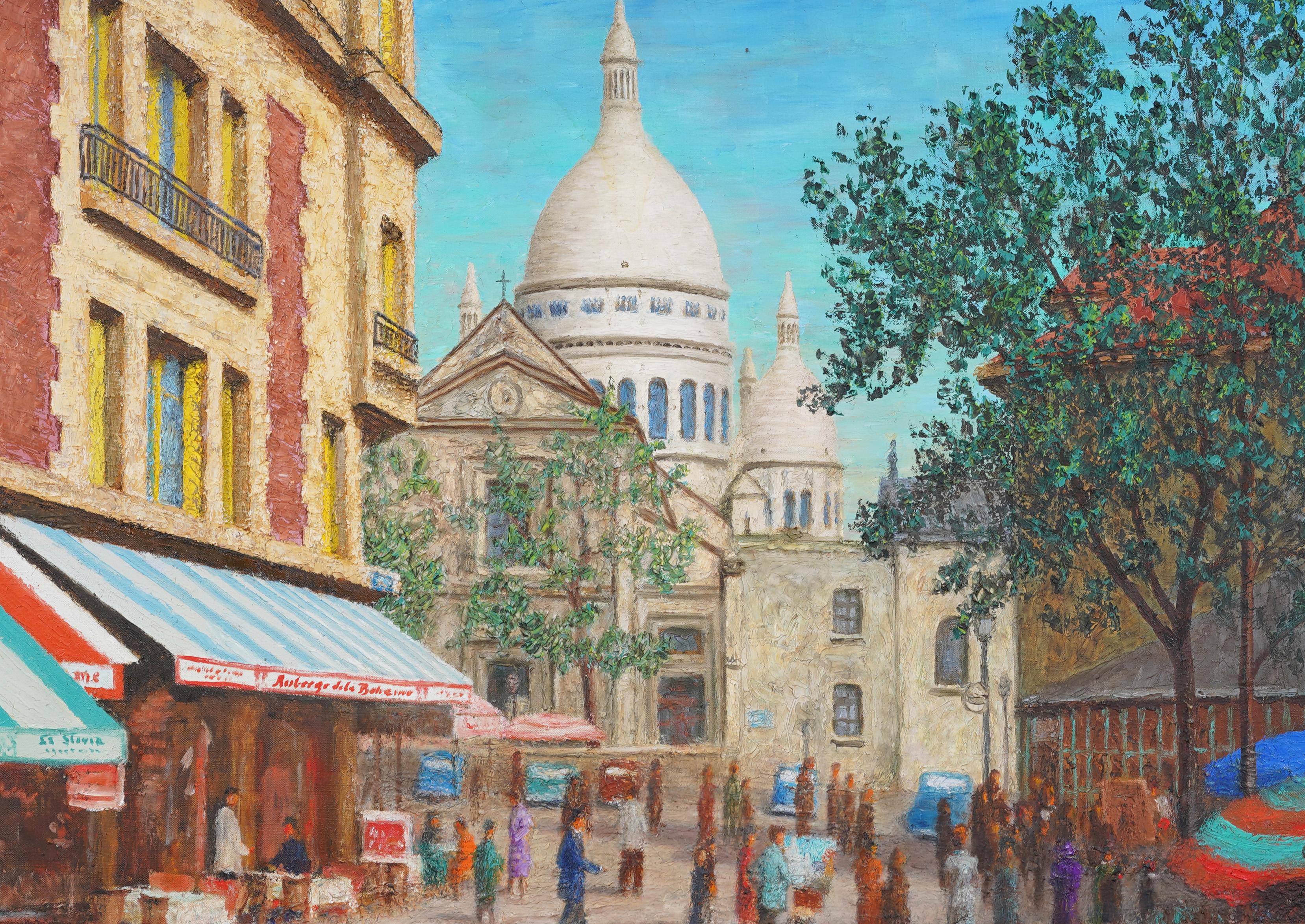 Grande quadro a olio impressionista francese ben incorniciato con scena di strada a Parigi, firmato - Landscape Painting Marrone di Unknown