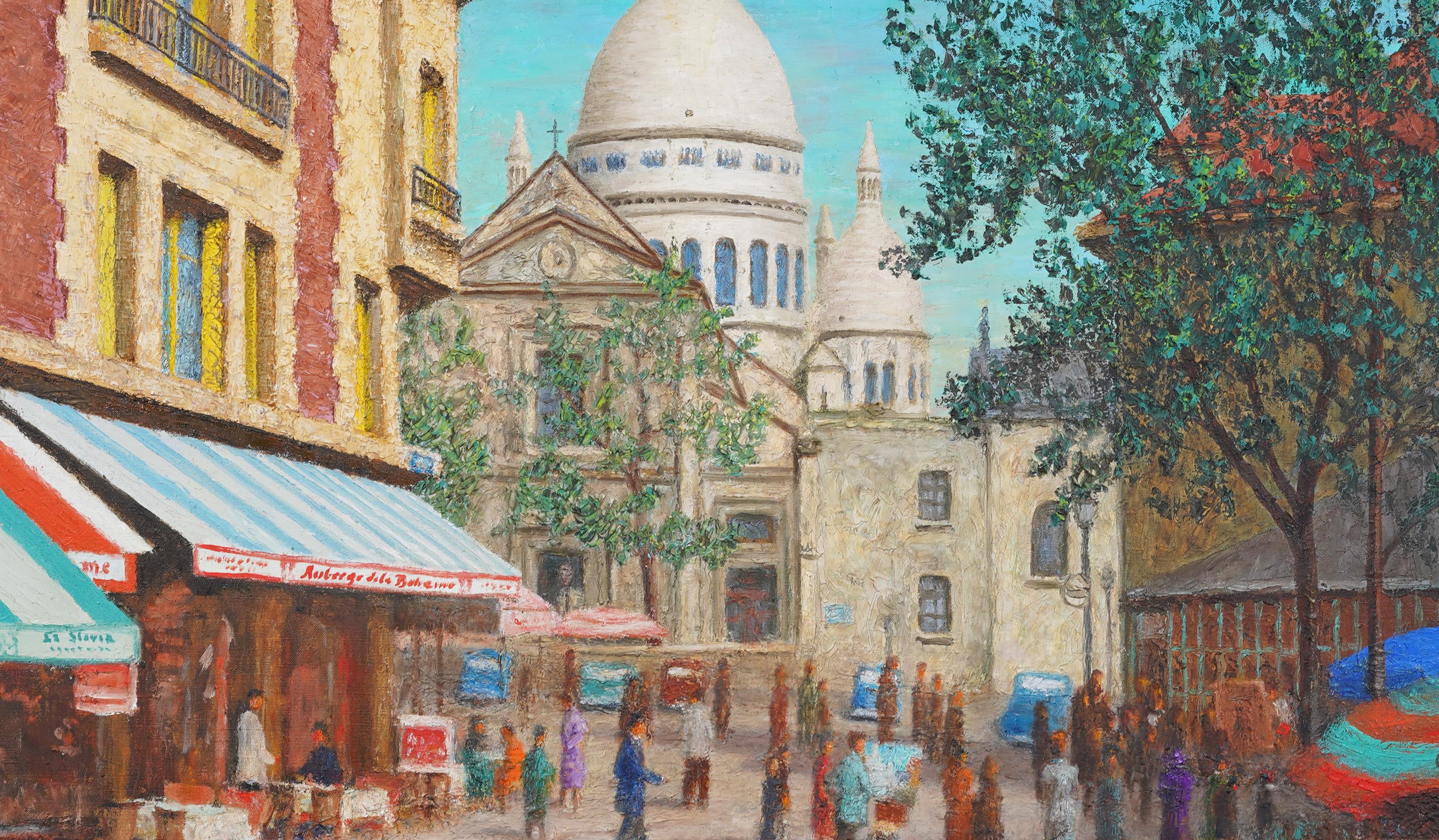 Impressionante dipinto a olio di una scena di strada parigina del primo periodo dell'impressionismo francese.  Incorniciato.  Olio su tela.  Firmato.  Dimensioni dell'immagine, 24H per 40L.