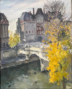 LARGE FRENCH IMPRESSIONIST OIL - APRIL IN PARIS - VIEW OVER RIVER SEINE