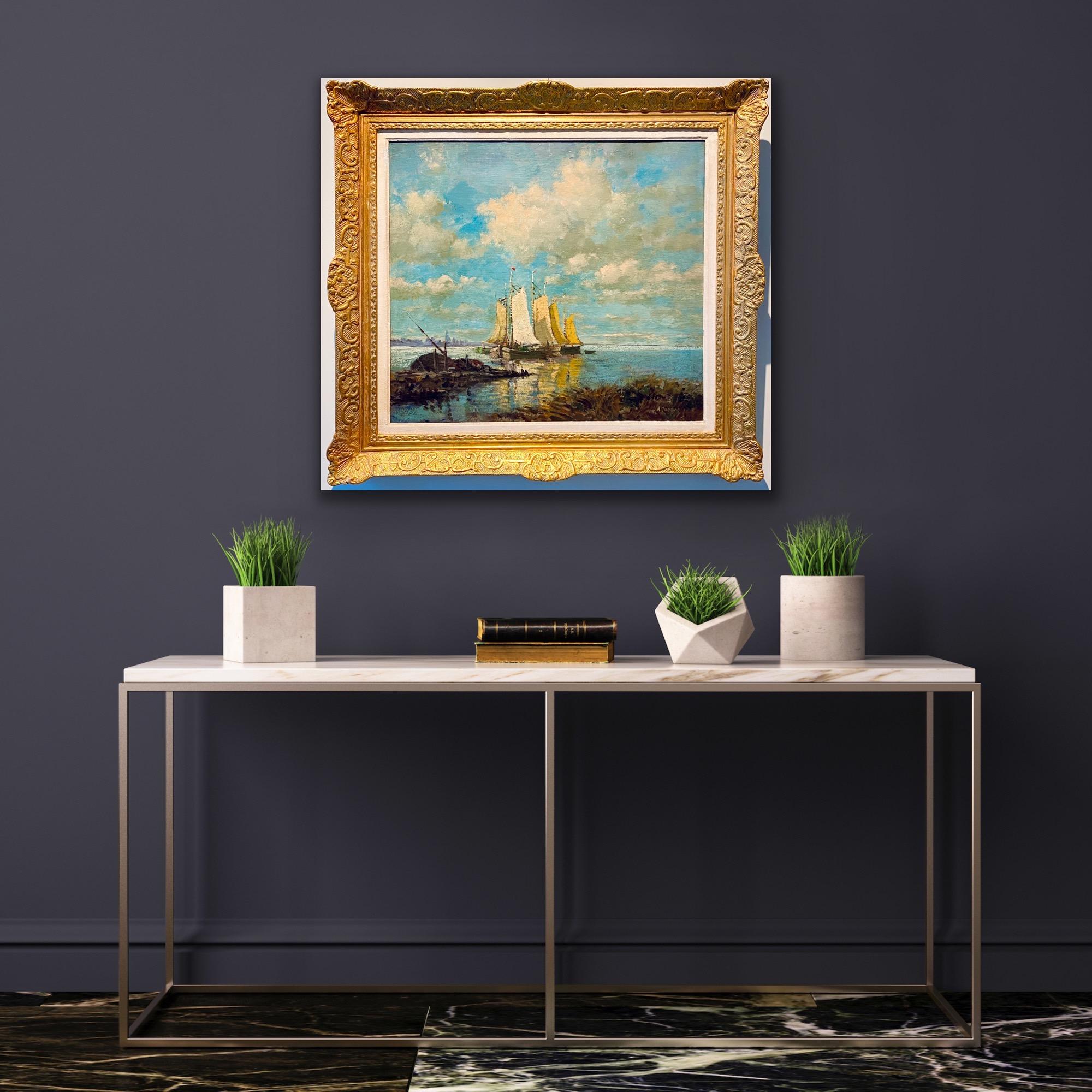 Large French impressionist seascape - Sailing Boats Sea Harbour - Painting by Unknown
