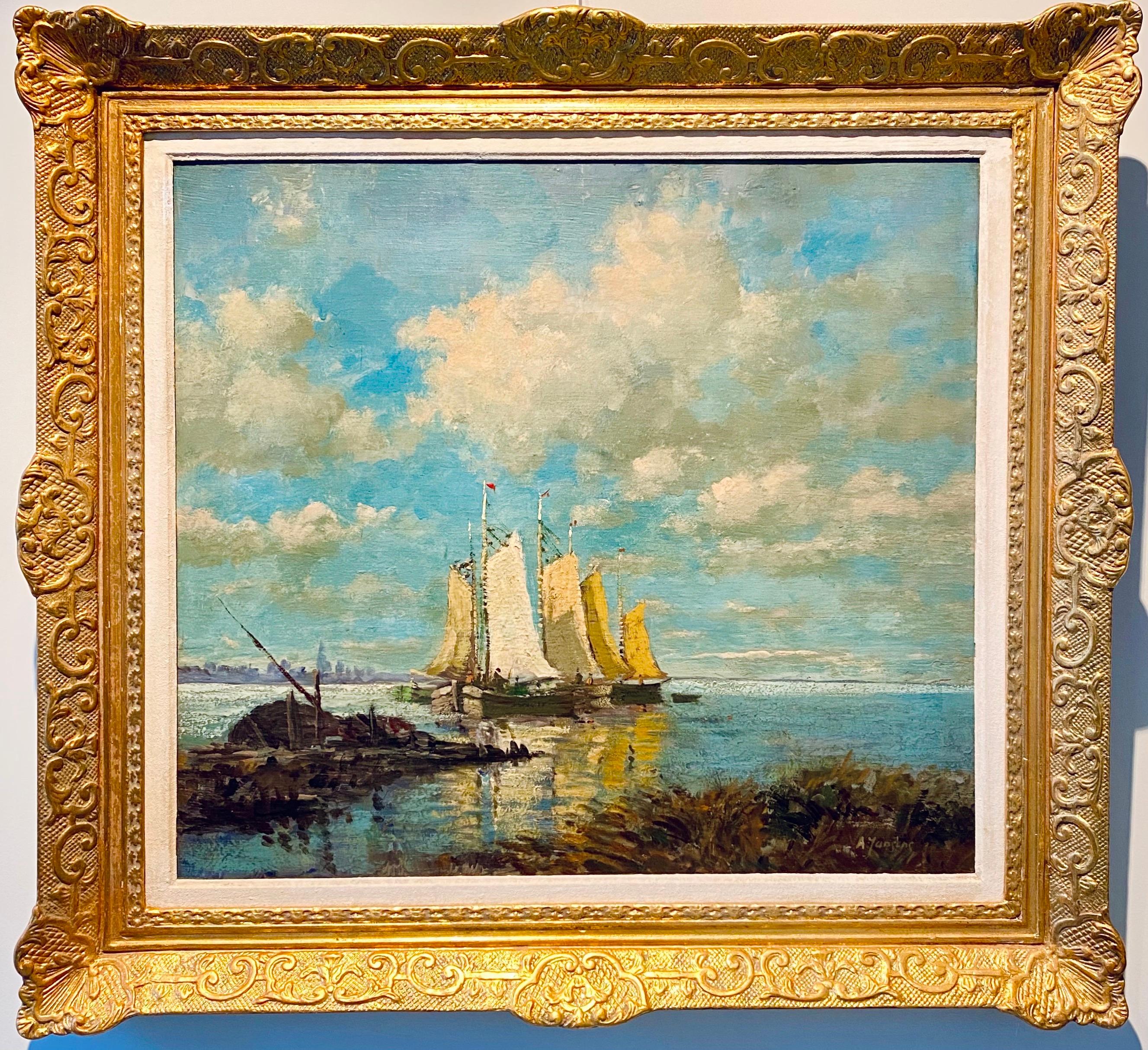 Unknown Landscape Painting - Large French impressionist seascape - Sailing Boats Sea Harbour