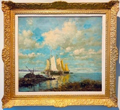 Large French impressionist seascape - Sailing Boats Sea Harbour