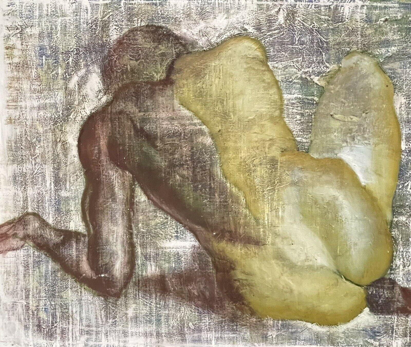 Unknown Figurative Painting - LARGE FRENCH MODERNIST SIGNED OIL PAINTING - NUDE FIGURE SEATED FROM BEHIND
