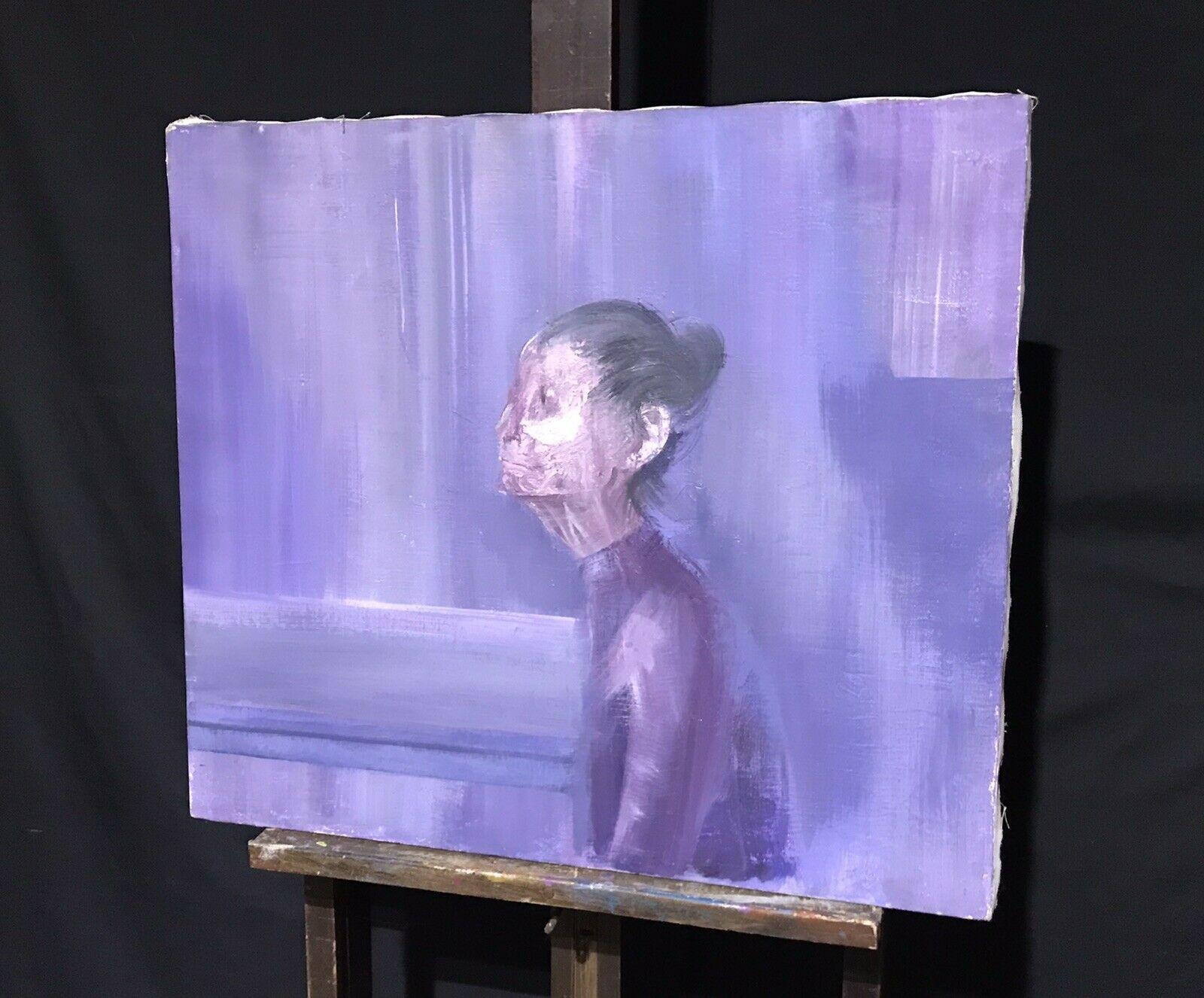 LARGE FRENCH OIL EXPRESSIONIST ABSTRACT PORTRAIT OF WOMAN - LILAC PURPLE COLOURS - Painting by Unknown