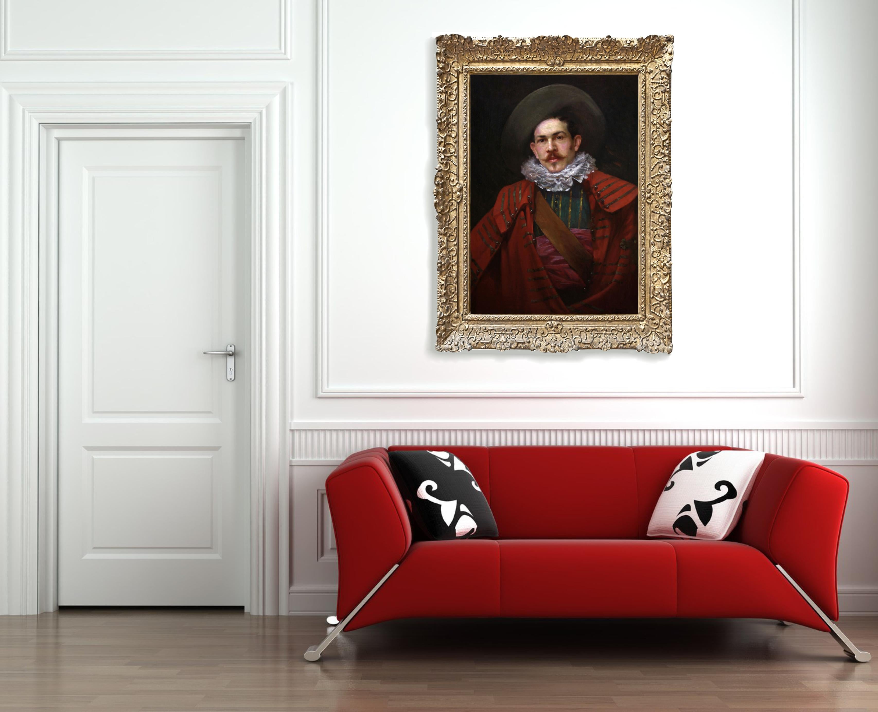 Gran óleo francés sobre lienzo, retrato de un mosquetero siglo XIX en venta 3