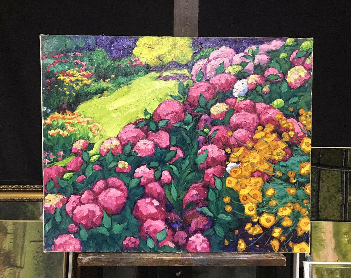 Large French Signed Oil Abundant Color Flower Garden Pinks Greens Orange Yellows - Painting by Unknown