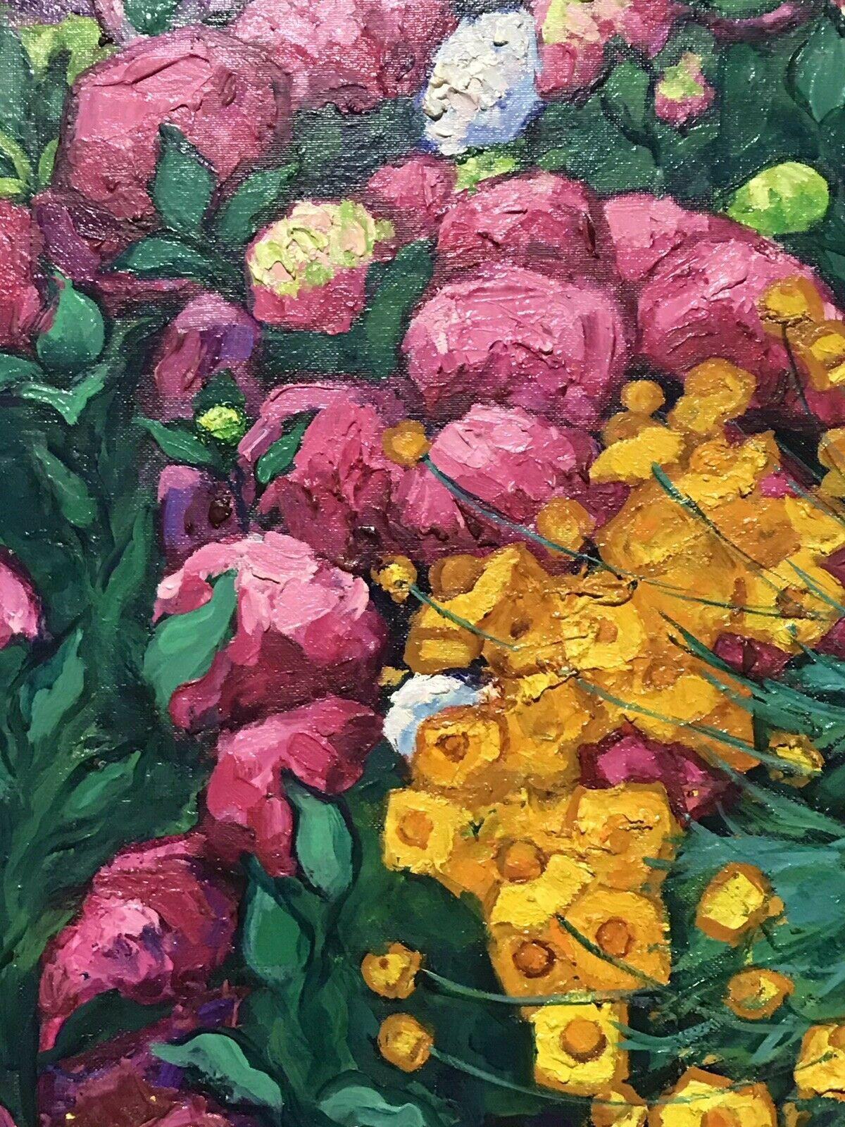 Französisches signiertes Ölgemälde bunter Blumengarten in Rosa, Grün, Orange und Gelb (Impressionismus), Painting, von Unknown