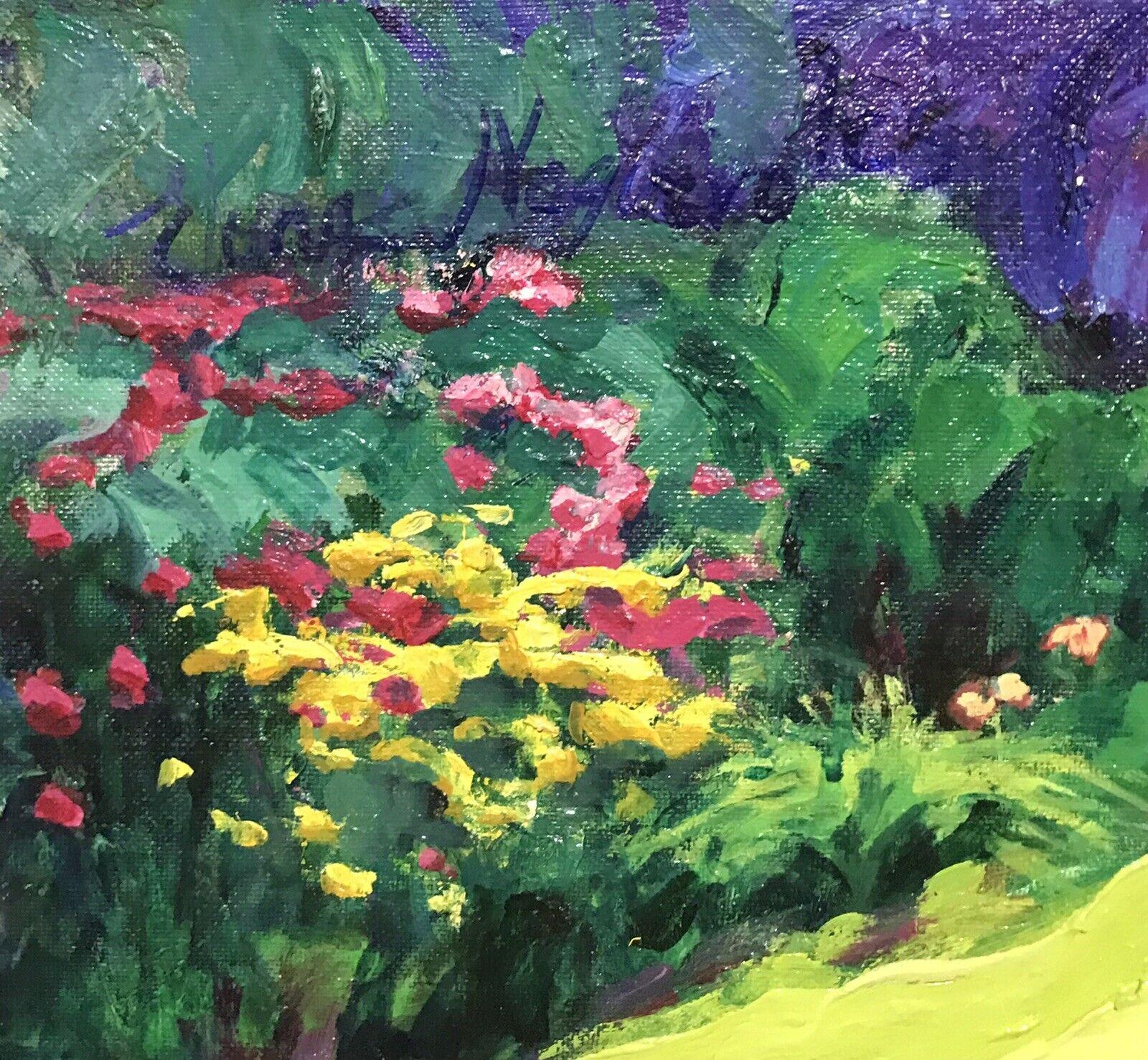 Large French Signed Oil Abundant Color Flower Garden Pinks Greens Orange Yellows - Impressionist Painting by Unknown