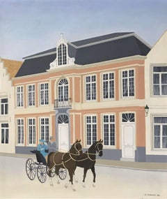 LARGE FRENCH SIGNED OIL - HORSE & CART WITH ELEGANT FIGURES OUTSIDE MANSION