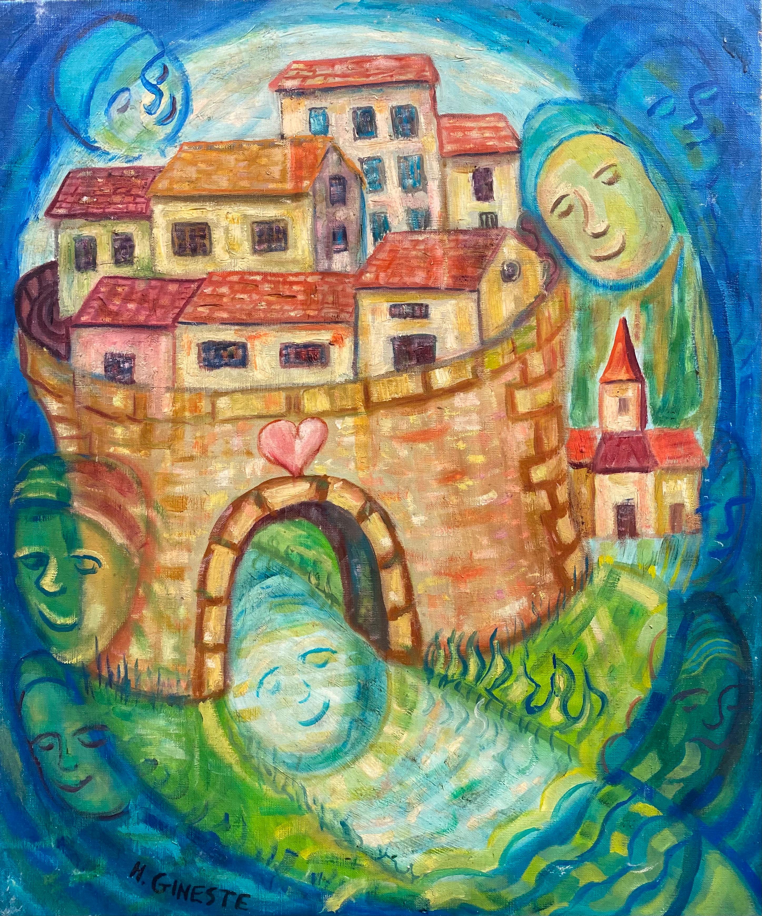 Unknown Abstract Painting - Large French Surrealist Oil Painting Figures over a Walled City Fortress