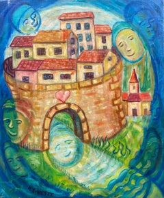 Vintage Large French Surrealist Oil Painting Figures over a Walled City Fortress