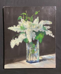 LARGE FRENCH VINTAGE OIL PAINTING ON CANVAS - STILL LIFE OF WHITE LILACS FLOWERS