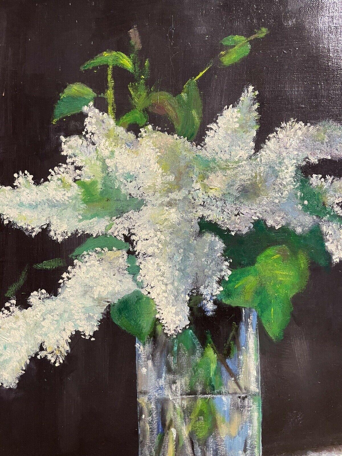 LARGE FRENCH VINTAGE OIL PAINTING ON CANVAS - STILL LIFE OF WHITE LILACS FLOWERS - Abstract Painting by Unknown