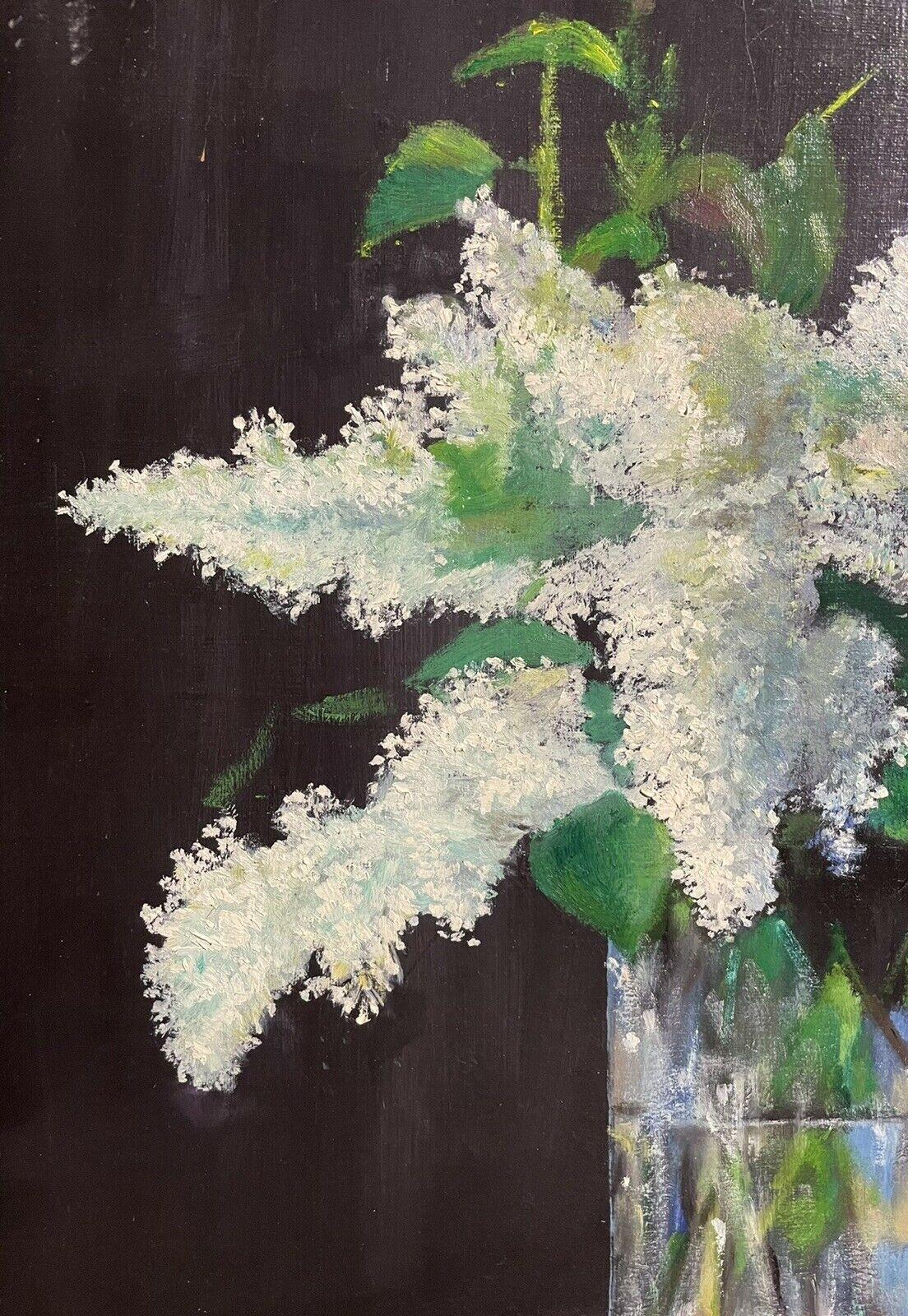 LARGE FRENCH VINTAGE OIL PAINTING ON CANVAS - STILL LIFE OF WHITE LILACS FLOWERS - Black Figurative Painting by Unknown