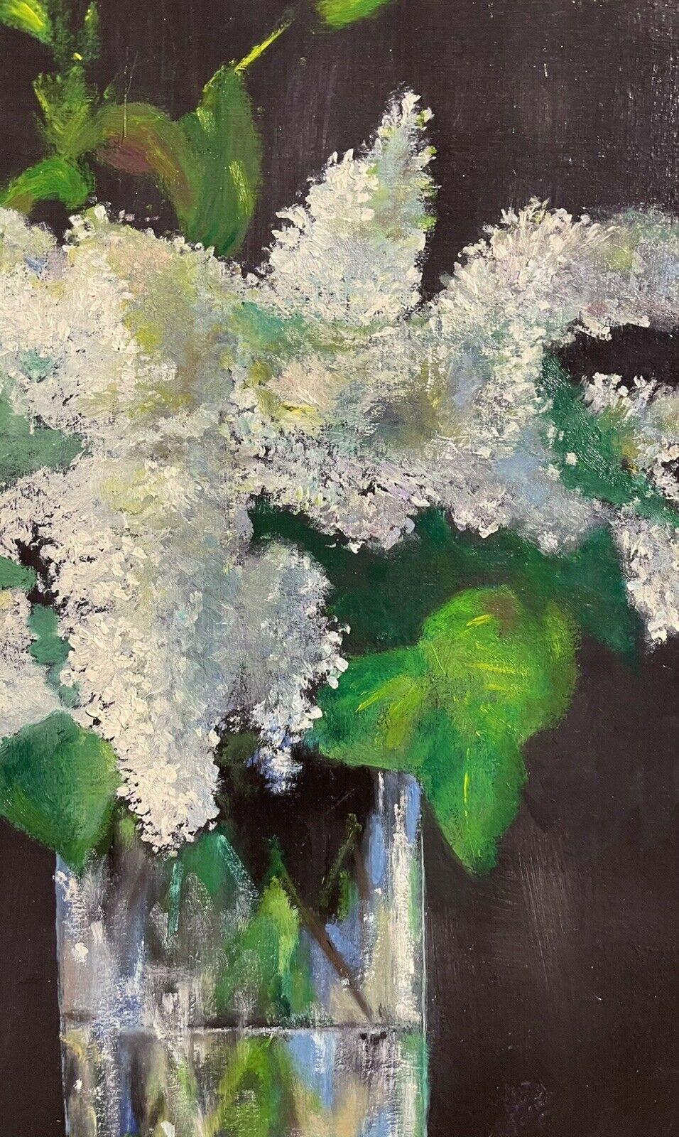 LARGE FRENCH VINTAGE OIL PAINTING ON CANVAS - STILL LIFE OF WHITE LILACS FLOWERS 1