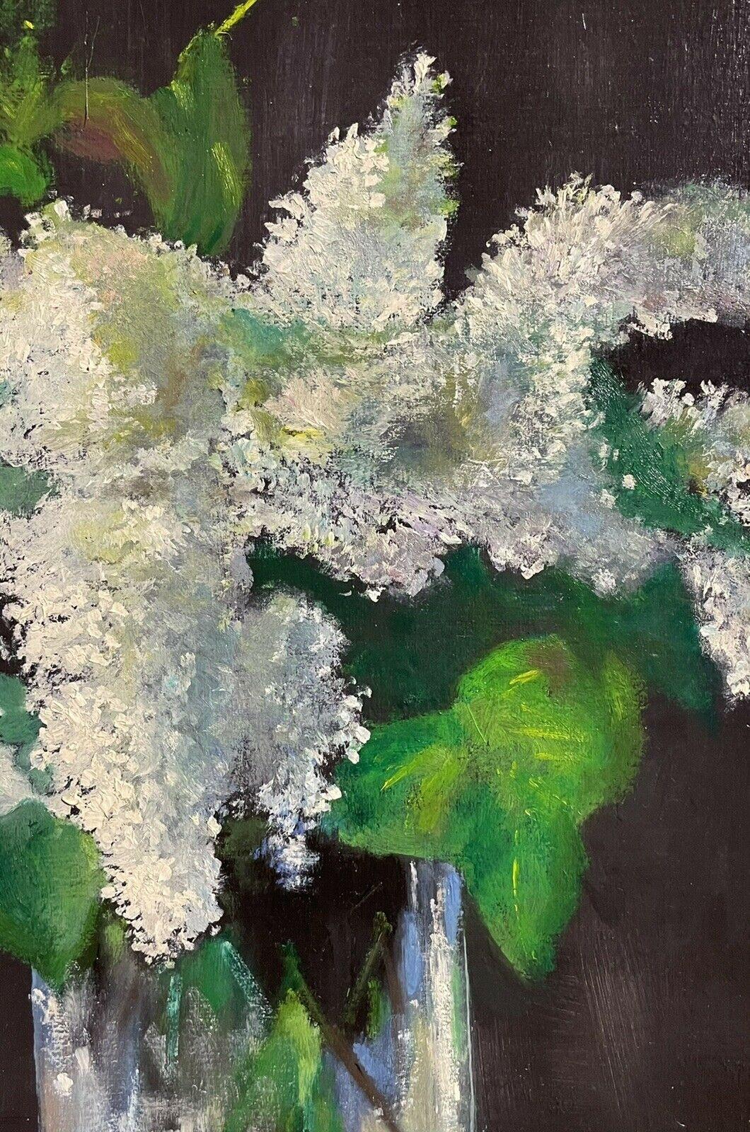 LARGE FRENCH VINTAGE OIL PAINTING ON CANVAS - STILL LIFE OF WHITE LILACS FLOWERS 2