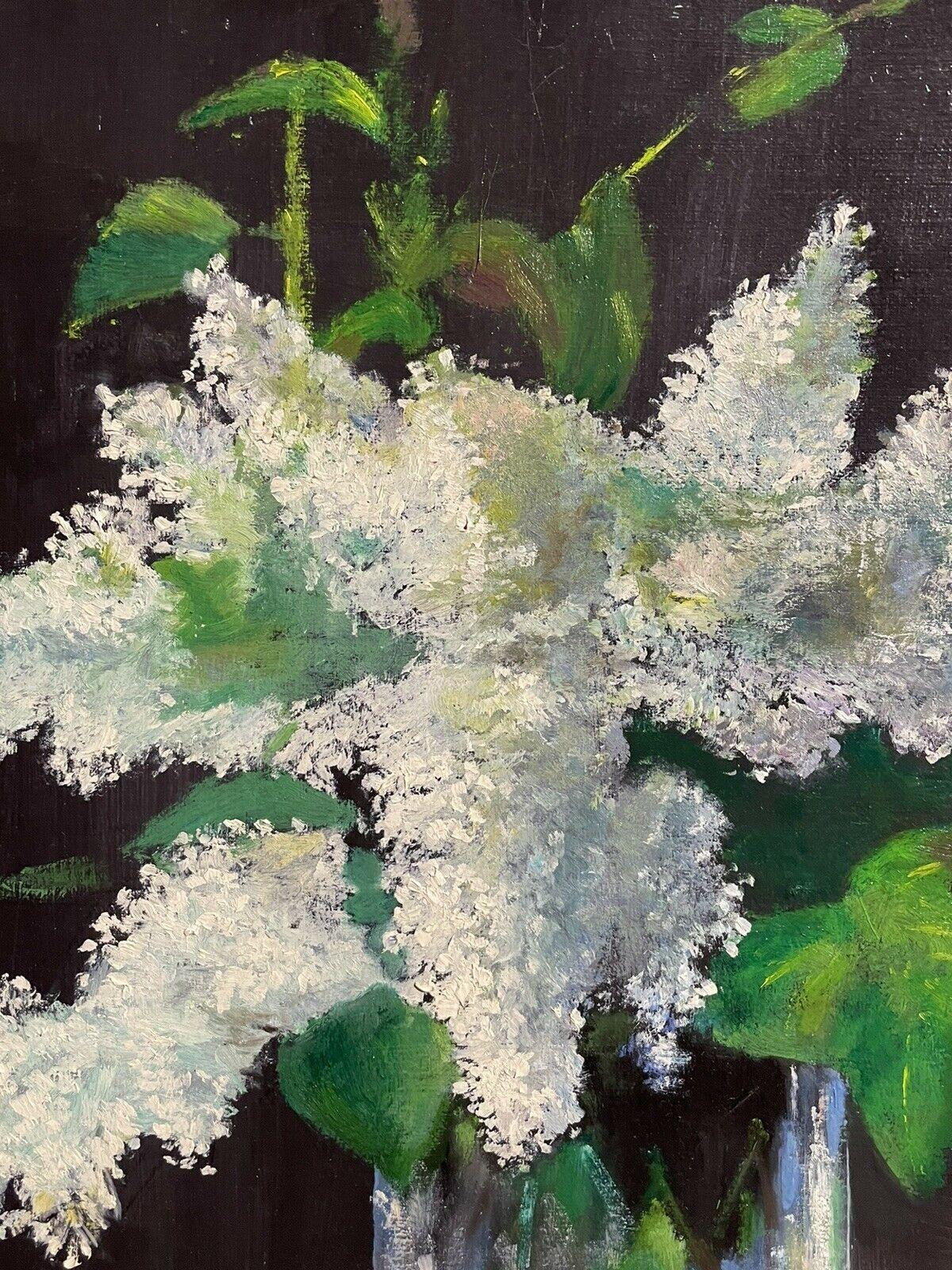 LARGE FRENCH VINTAGE OIL PAINTING ON CANVAS - STILL LIFE OF WHITE LILACS FLOWERS 3