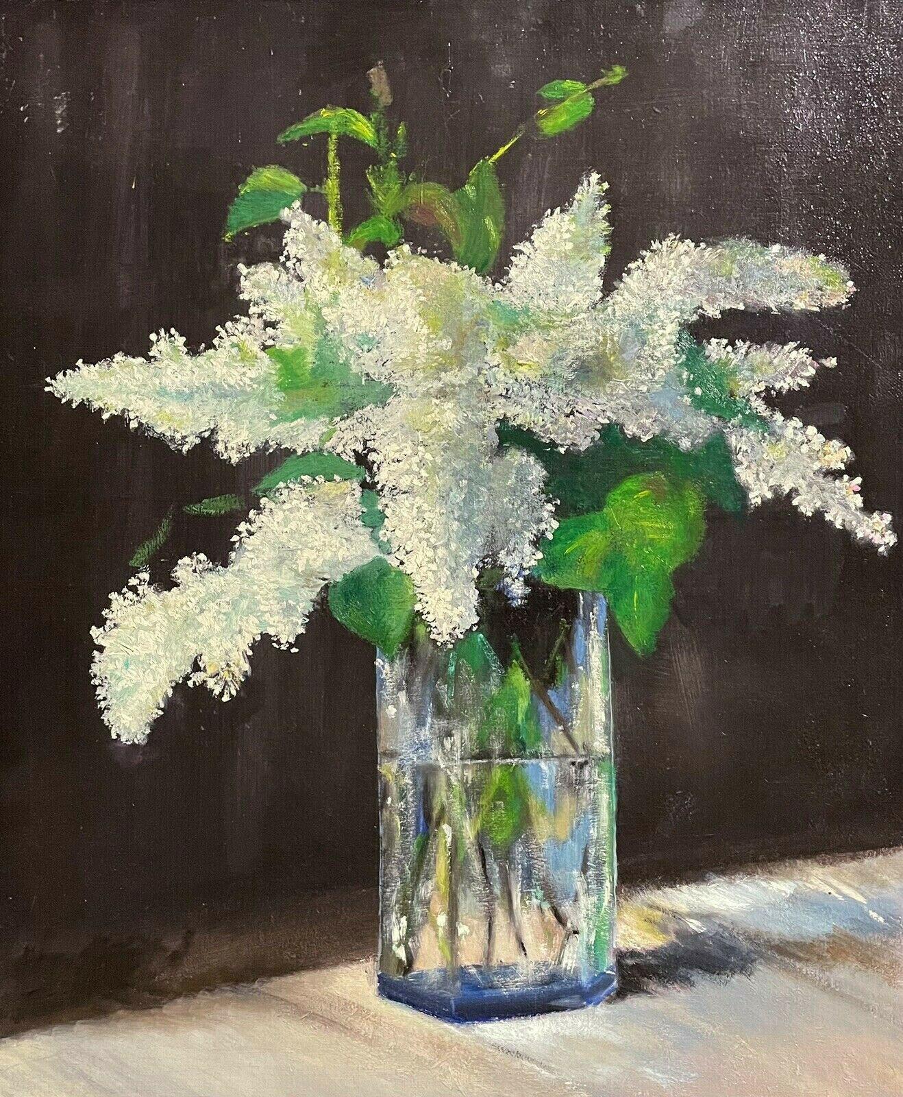 Unknown Figurative Painting - LARGE FRENCH VINTAGE OIL PAINTING ON CANVAS - STILL LIFE OF WHITE LILACS FLOWERS