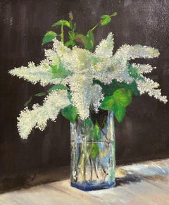 LARGE FRENCH VINTAGE OIL PAINTING ON CANVAS - STILL LIFE OF WHITE LILACS FLOWERS