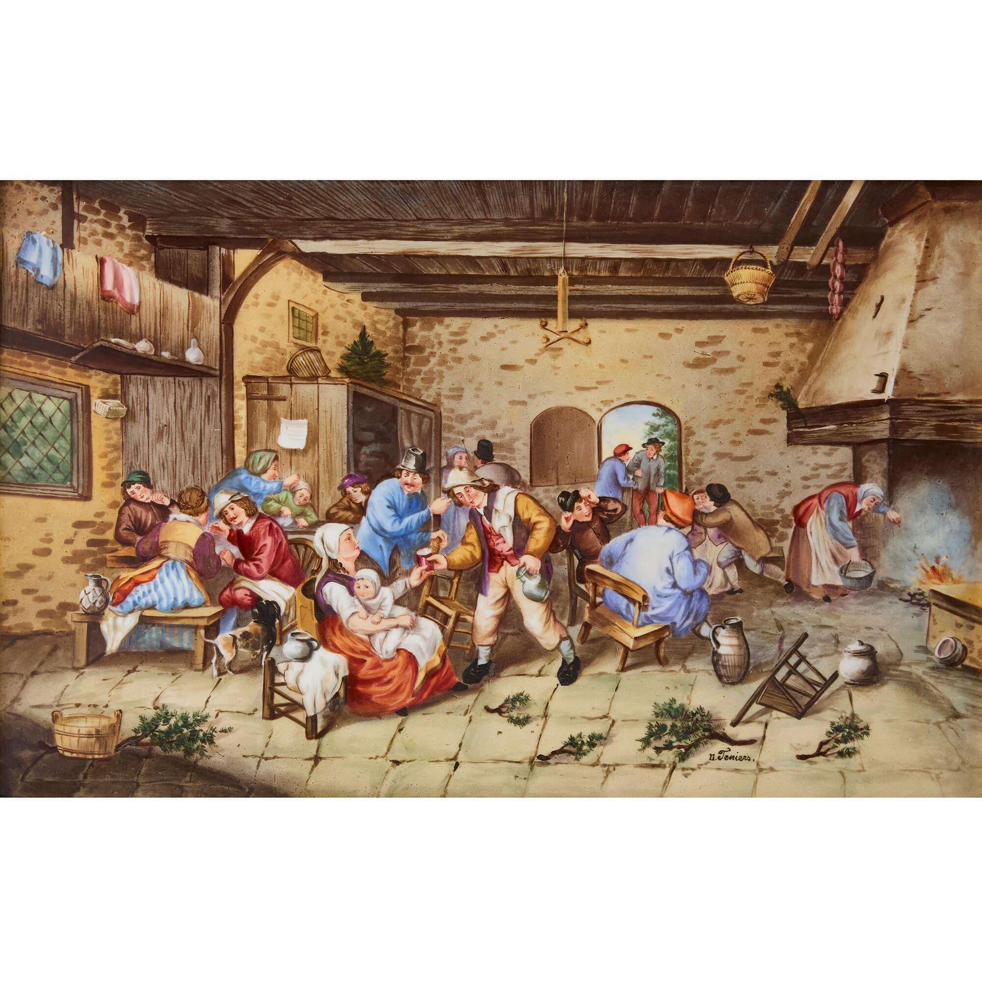 Large German KPM Style Porcelain Plaque of a Tavern Scene - Painting by Unknown